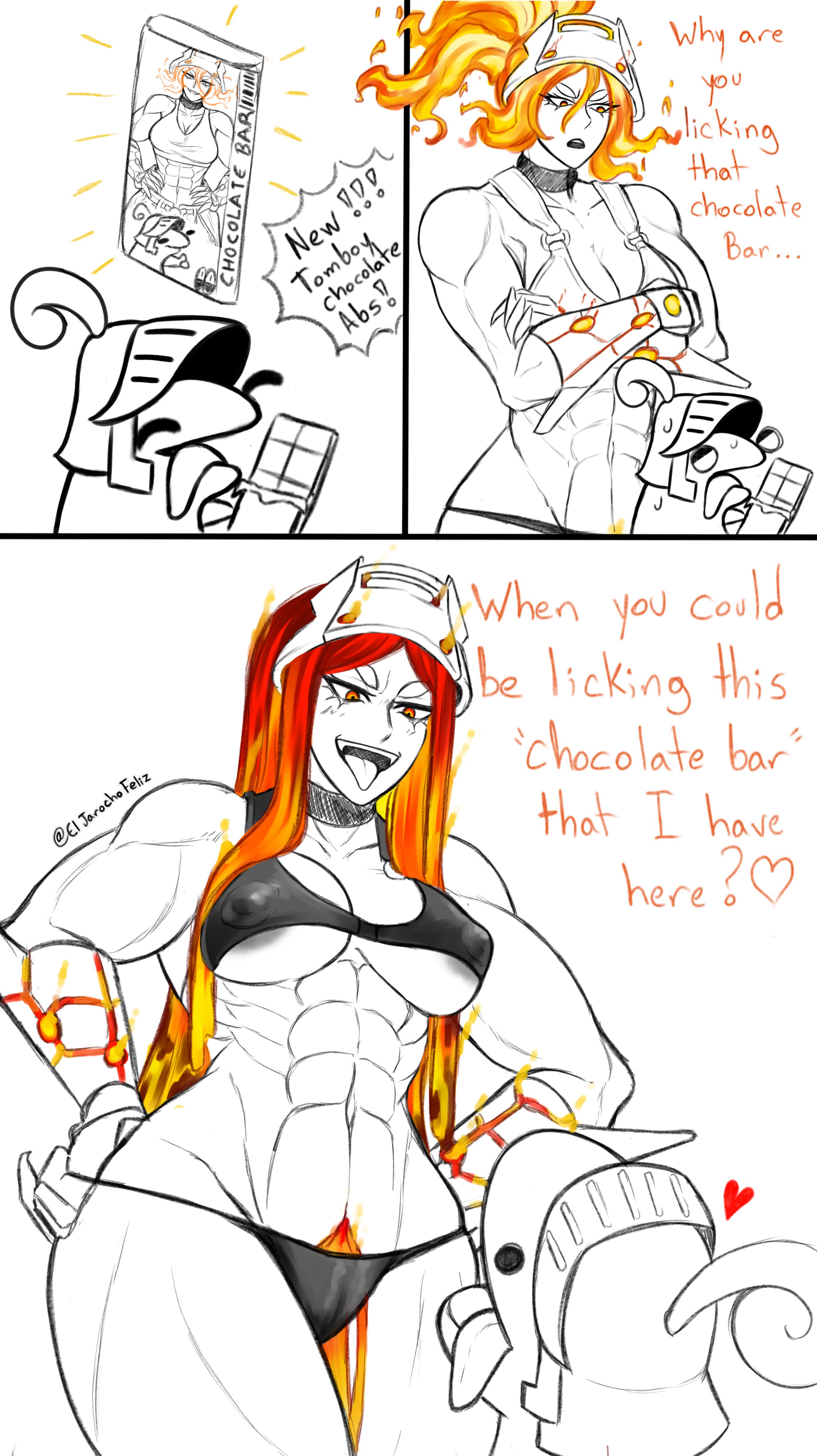 1boy, 1girls, 2021, abs, dialogue, eljarochofeliz, english, english text, female, flaming hair, horny, larger female, long hair, looking down, looking up, male, muscular, muscular arms, muscular female, nipple bulge, puppet (eljarochofeliz), red eyes, seductive, seductive look, size difference, smaller male, text, titania (eljarochofeliz)