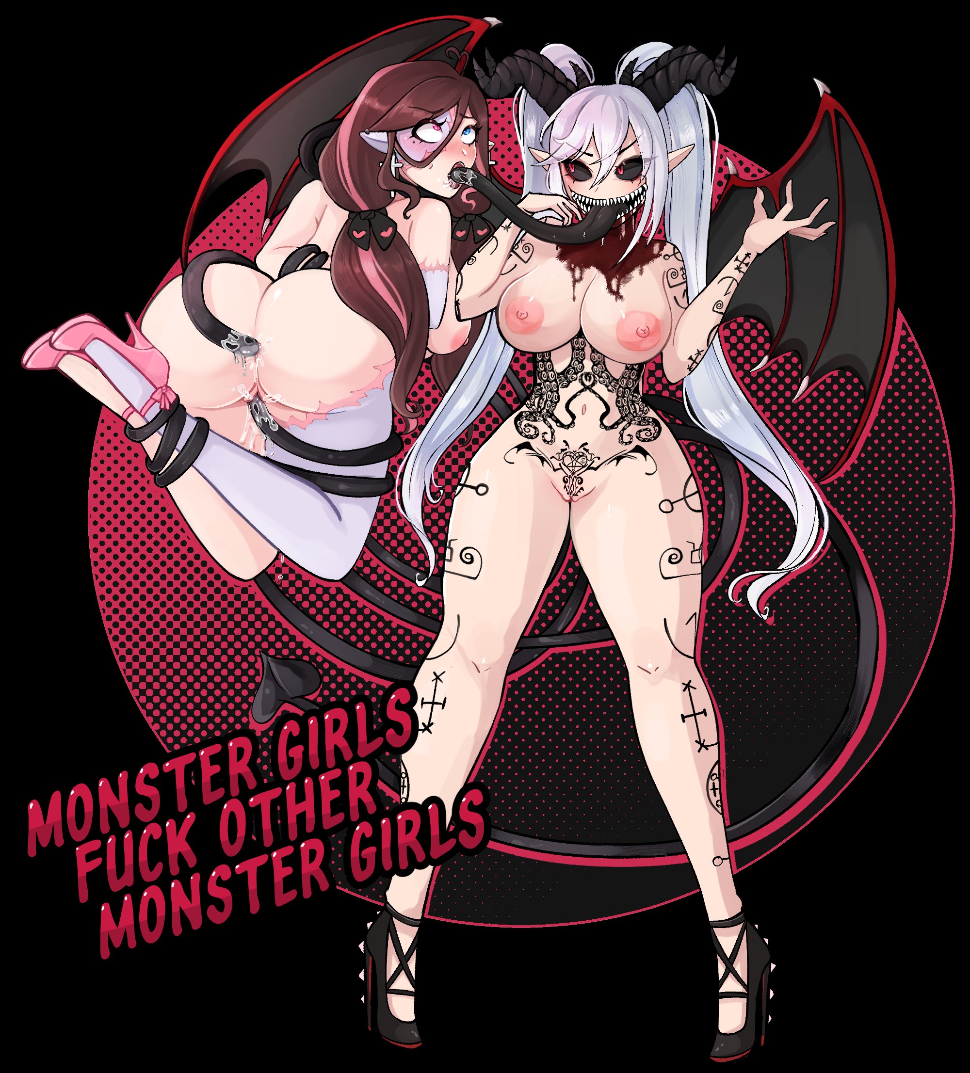 2d, 2d (artwork), 2d artwork, 2girls, anal sex, ass, breasts, double penetration, elise (ghoulmommie), english, english text, female, female only, ghoulmommie, high heels, monster girl, multiple females, multiple girls, pussy, vaginal penetration, yuri