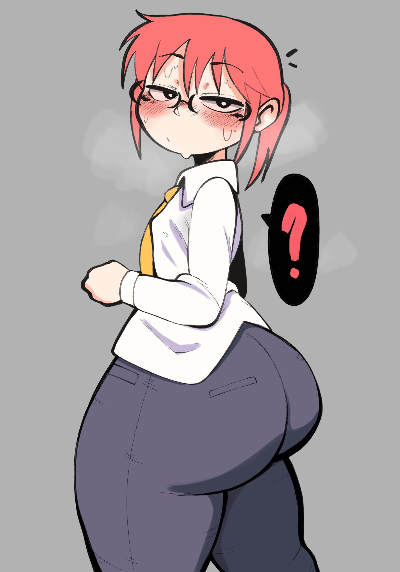 1girls, ass, blush, confused, confused look, dumpiwumpi (artist), female, female only, fog, foggy, glasses, huge ass, kobayashi, miss kobayashi's dragon maid, office clothing, office lady, red hair, solo, suit, sweat, sweatdrop, sweating, tie