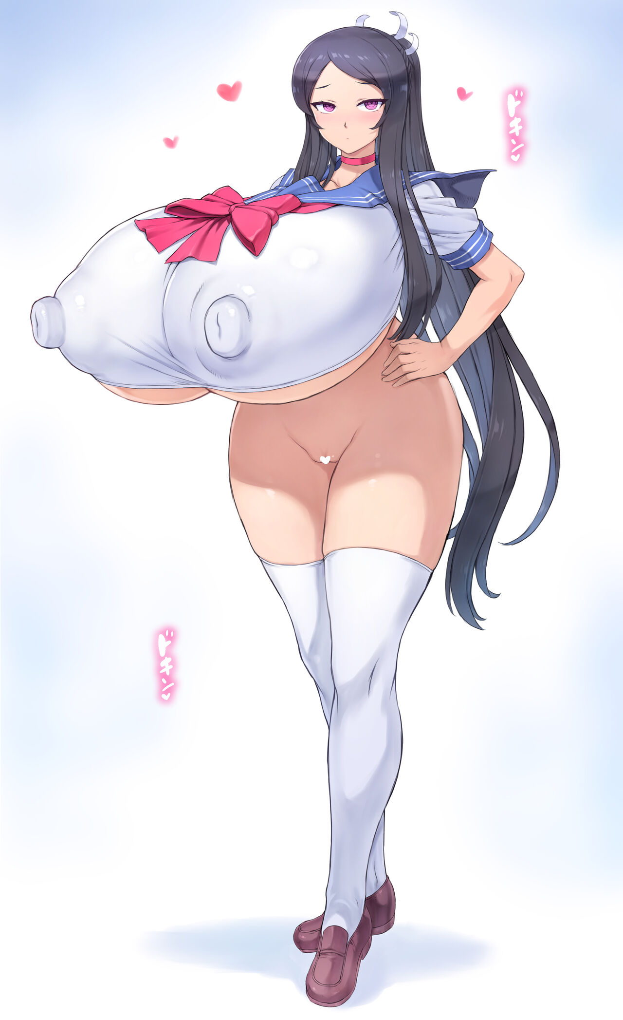 big breasts, big nipples, bimbo, black hair, bottomless, breasts, breasts bigger than head, female, gigantic breasts, gigantic nipples, hips, huge breasts, huge hips, huge nipples, huge thighs, hyper breasts, hyper nipples, large breasts, large nipples, long hair, looking at viewer, massive breasts, mogudan, nipple bulge, nipples, nipples visible through clothing, ponytail, pussy, school uniform, tagme, thick thighs, thighhighs, thighs, underboob, wide hips