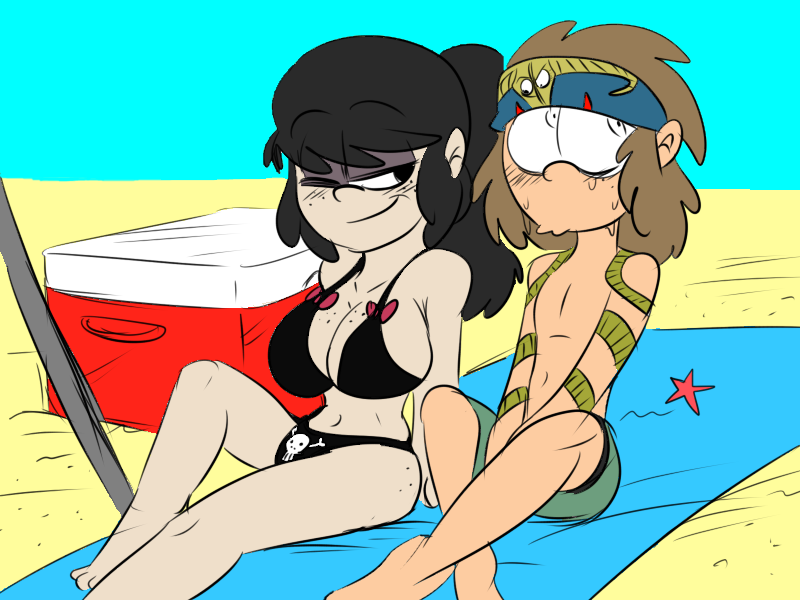 1boy 1girls beach big_breasts bikini black_bikini black_hair breasts brown_hair duo female gloom_loud half-closed_eye large_breasts lemy_loud male oc original_character original_characters panties patanu102 sitting skull_panties swimsuit swimwear the_loud_house wink