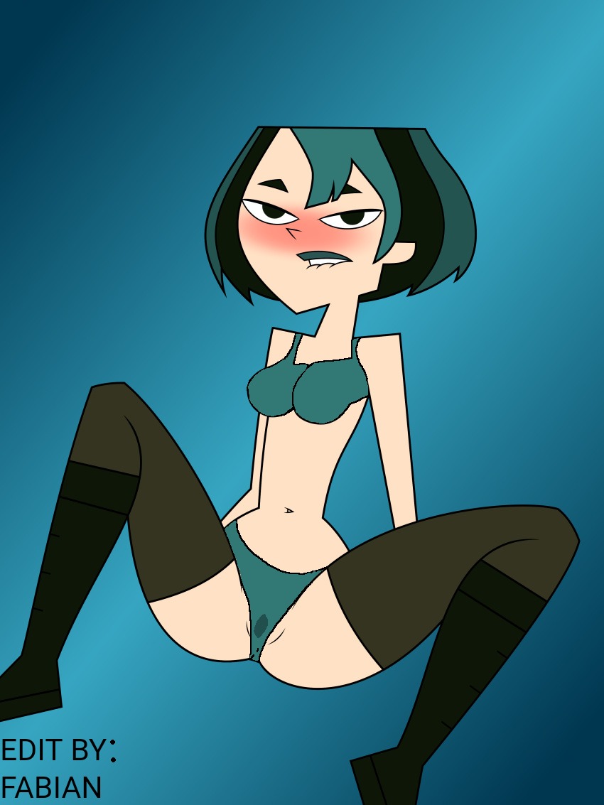 1girls, 2022, 2d, anus, bikini, biting lip, blue background, blue bikini, blue hair, blue lipstick, blush, breasts, cartoon network, edit, edited, female, female only, functionally nude, gwen (tdi), human, legwear, medium breasts, nipples, open legs, pussy, shaved pussy, short hair, solo, solo female, tjlive5, total drama island, vagina, xxxfabianxxx