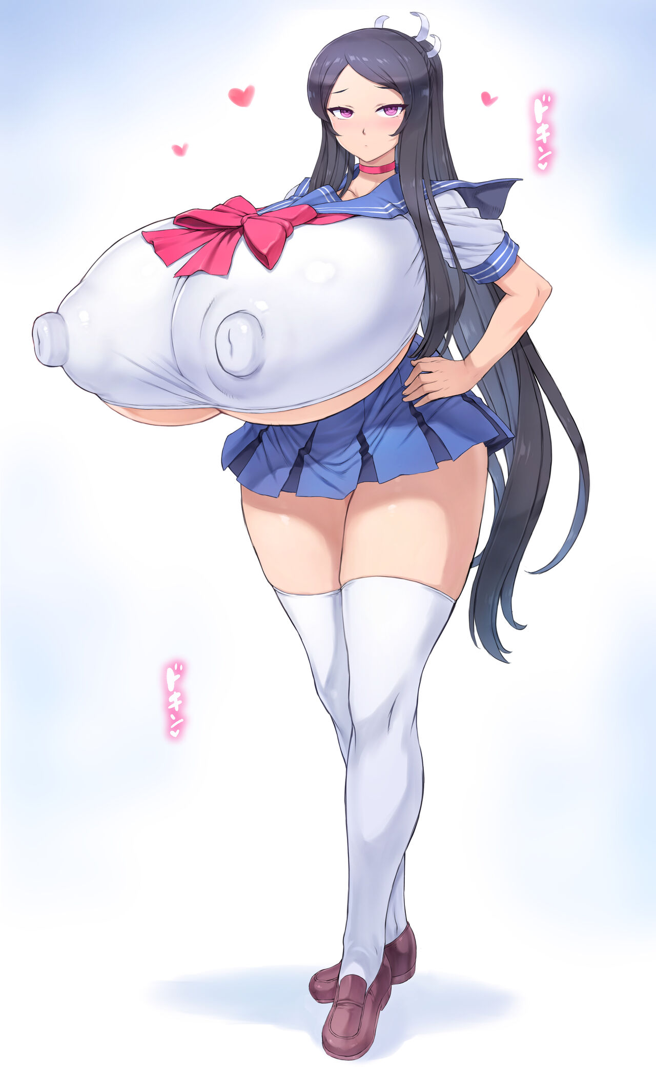 bakunyuu, big breasts, big nipples, bimbo, black hair, breasts, breasts bigger than head, female, gigantic breasts, gigantic nipples, hips, huge breasts, huge hips, huge nipples, huge thighs, hyper breasts, hyper nipples, large breasts, large nipples, long hair, looking at viewer, massive breasts, mogudan, nipple bulge, nipples, nipples visible through clothing, ponytail, school uniform, short skirt, skirt, tagme, thick thighs, thighhighs, thighs, underboob, wide hips