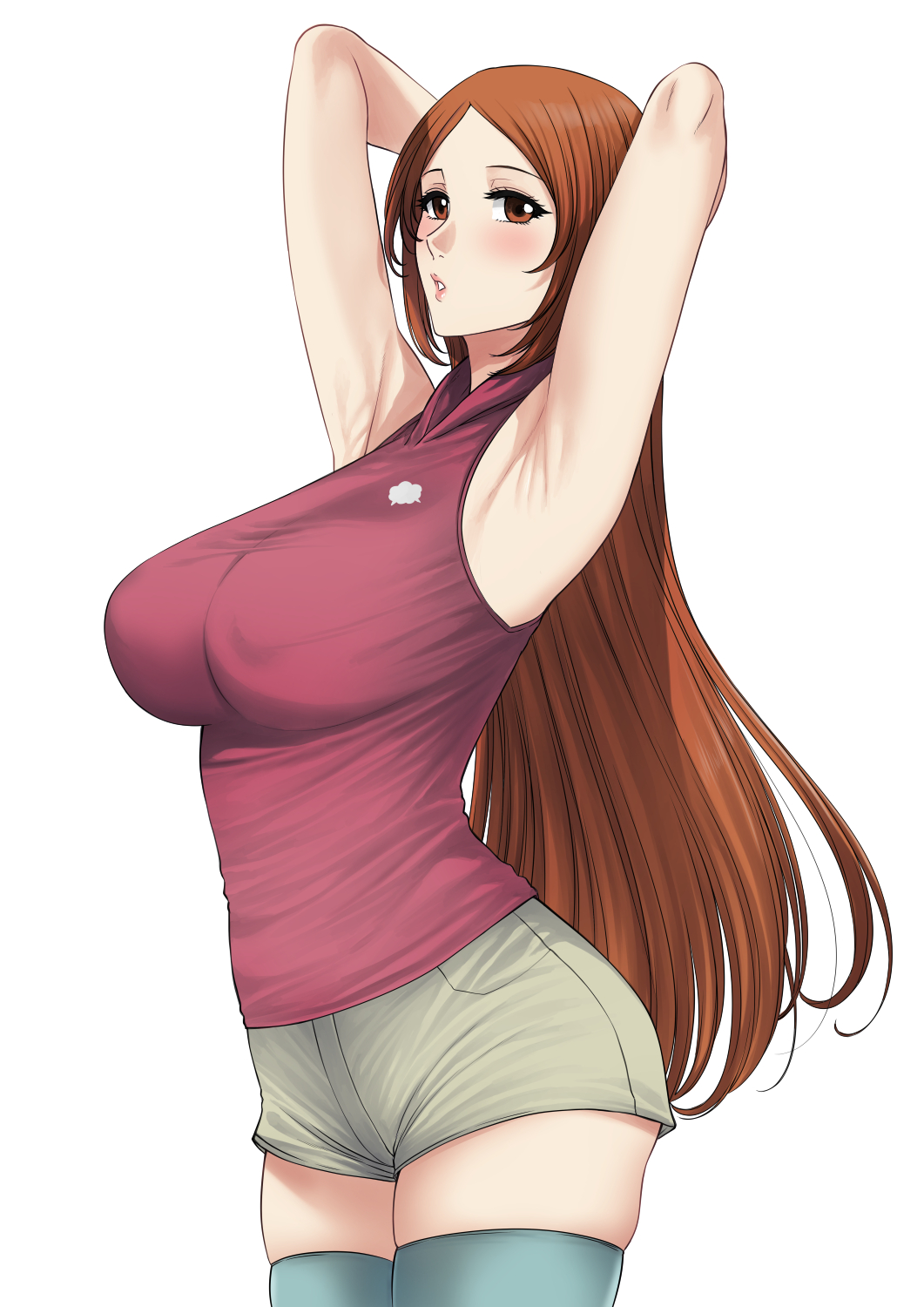 1girls, armpits, arms behind head, arms up, big breasts, bleach, blush, breasts, covered erect nipples, cowboy shot, female, female only, fully clothed, highres, hoodie, huge breast, huge breasts, inoue orihime, large breasts, long hair, massive breasts, orange eyes, orange hair, orange-haired female, parted lips, red shirt, shirt, short shorts, shorts, simple background, sleeveless, sleeveless shirt, solo, thighhighs, very long hair, white background, xtermination