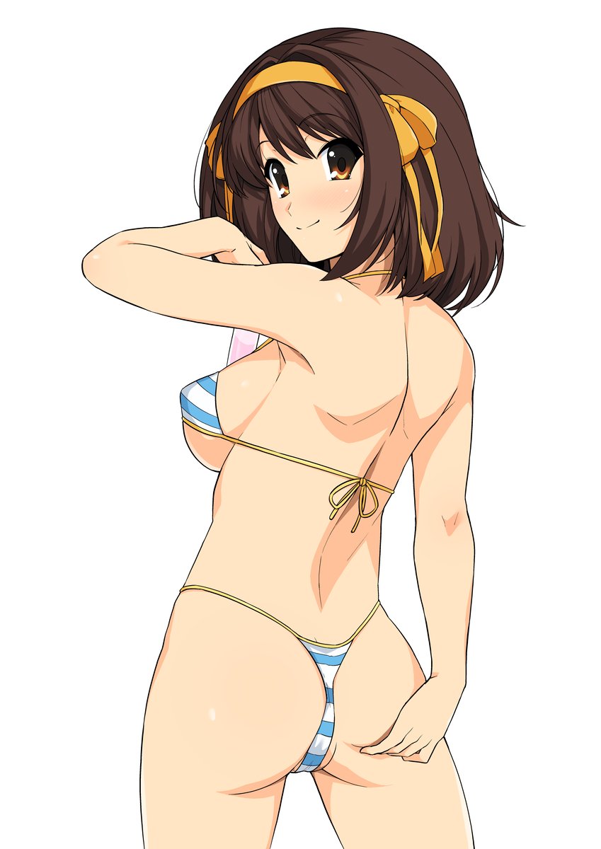 1girls, ass, back view, bangs, bikini, breasts, brown eyes, brown hair, female, hair ribbon, haruhisky, light skin, looking at viewer, medium hair, small breasts, smile, solo, straight hair, suzumiya haruhi, suzumiya haruhi no yuuutsu, swimsuit, tagme, white skin