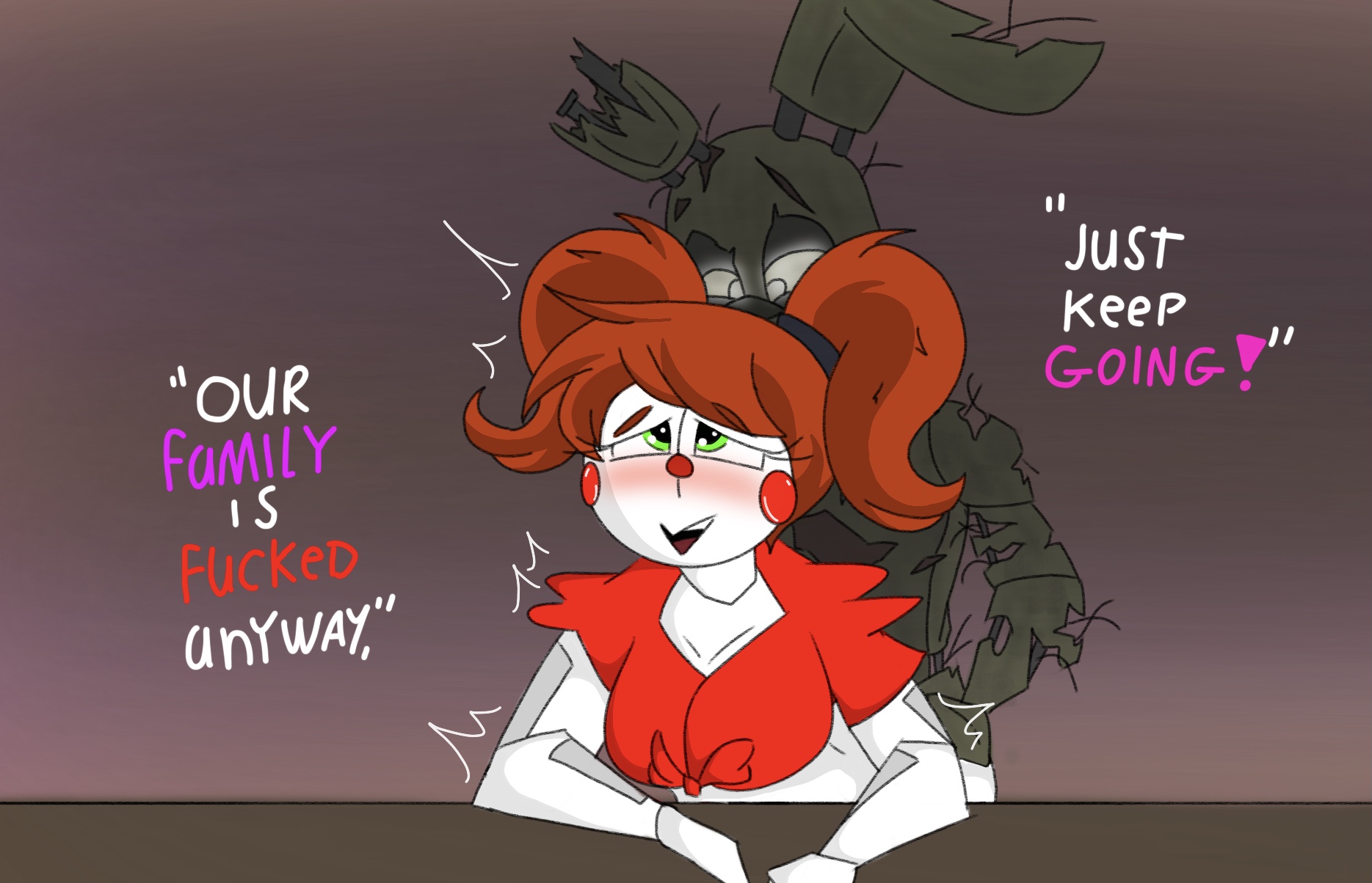 animatronic, baby (fnafsl), babyxspringtrap, blush, circus baby, circus baby (fnaf), father and daughter, female, five nights at freddy's, fnaf, from behind, green eyes, incest, male, male/female, red hair, robot, springtrap, springtrap (fnaf), straight