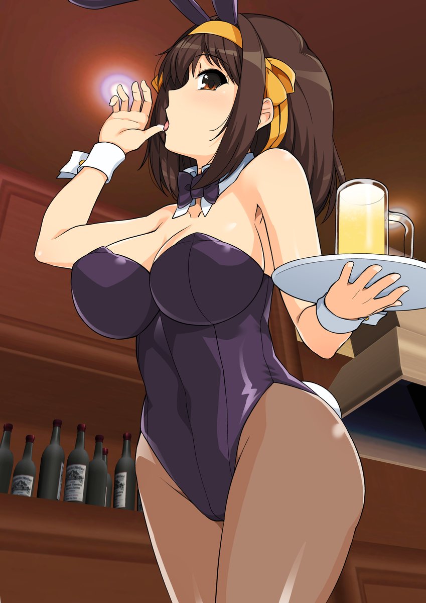 1girls alcohol animal_ears armpit_peek bangs bare_shoulders beer beer_mug black_bow black_bowtie black_leotard bottle bow bowtie breasts brown_eyes brown_hair brown_legwear bunnysuit cleavage collar collarbone covered_navel cowboy_shot cup detached_collar dutch_angle eyebrows_visible_through_hair fake_animal_ears fake_tail female hair_between_eyes hair_bow hairband hand_up haruhisky highres holding holding_tray indoors large_breasts leotard licking licking_finger light light_blush long_hair looking_at_viewer mug official_alternate_costume open_mouth orange_bow orange_hairband pantyhose playboy_bunny profile rabbit_ears rabbit_tail sidelocks solo standing strapless strapless_leotard suzumiya_haruhi suzumiya_haruhi_no_yuuutsu tail tongue tongue_out tray white_collar wine_bottle wrist_cuffs