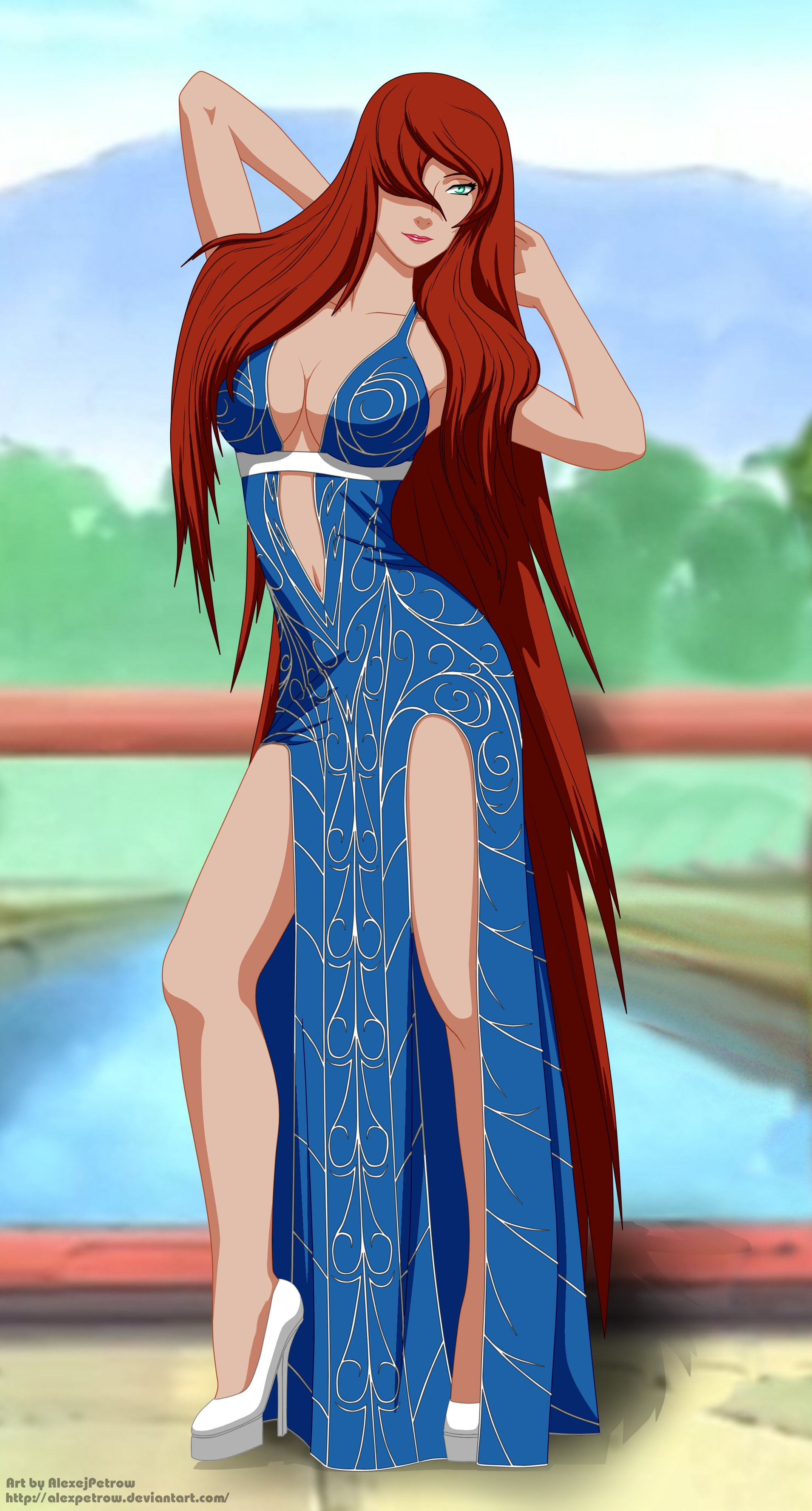 1girls, alexpetrow, arms behind head, arms up, big breasts, breasts, brown hair, cleavage, dress, female, female only, full body, fully clothed, heels, high heels, long dress, long hair, mature, mature female, mei terumi, milf, naruto, naruto (series), naruto shippuden, outdoors, revealing clothes, solo, solo focus, very long hair