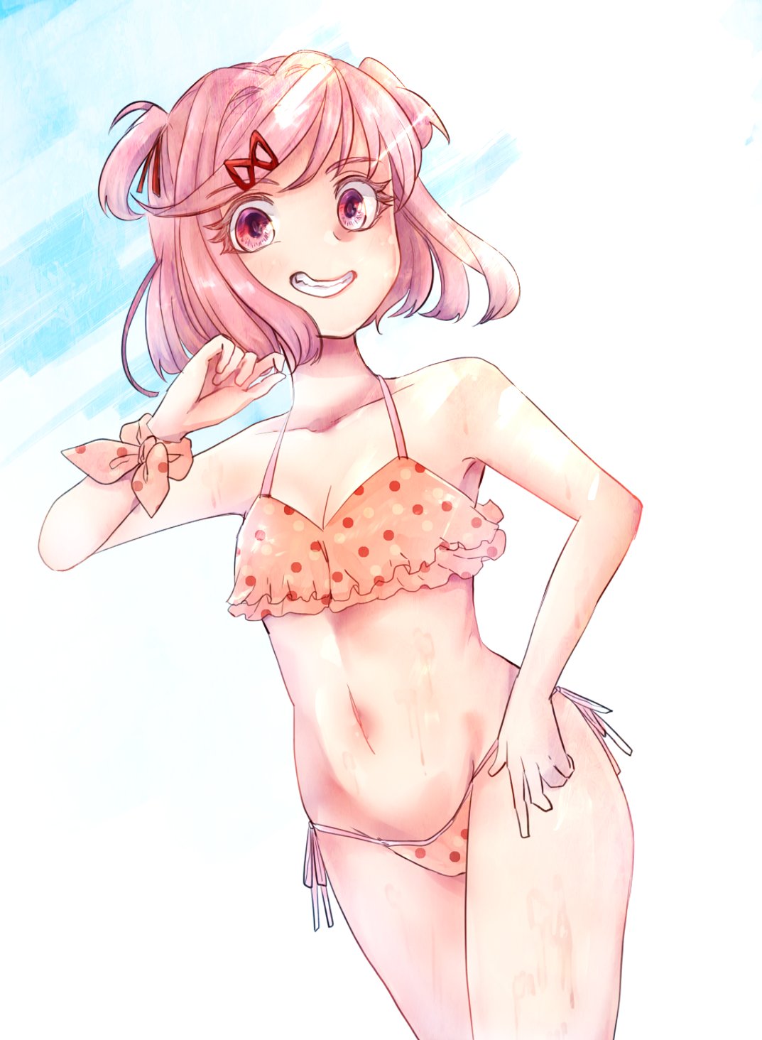 1girls bare_arms bare_legs bare_shoulders belly_button bikini calm cleavage clothed clothing confident cowboy_shot ddlc_kuriko doki_doki_literature_club dripping eyelashes female female_focus female_only female_solo frilled_bikini frilled_bra frills hair_intakes hairclip happy hips ituu_kiriko light-skinned light-skinned_female light_skin looking_at_viewer matching_hair/eyes natsuki_(doki_doki_literature_club) navel navel_line peaceful petite pink_eyes pink_hair polka_dot polka_dot_bikini polka_dot_panties portrait short_hair slim_waist small_breasts smaller_female smile smiling smiling_at_viewer soaked solo solo_female spotted_bikini standing string_panties swimwear thighs three-quarter_portrait tied_hair toned toned_body toned_female twintails waist water wet wide_eyed wide_smile