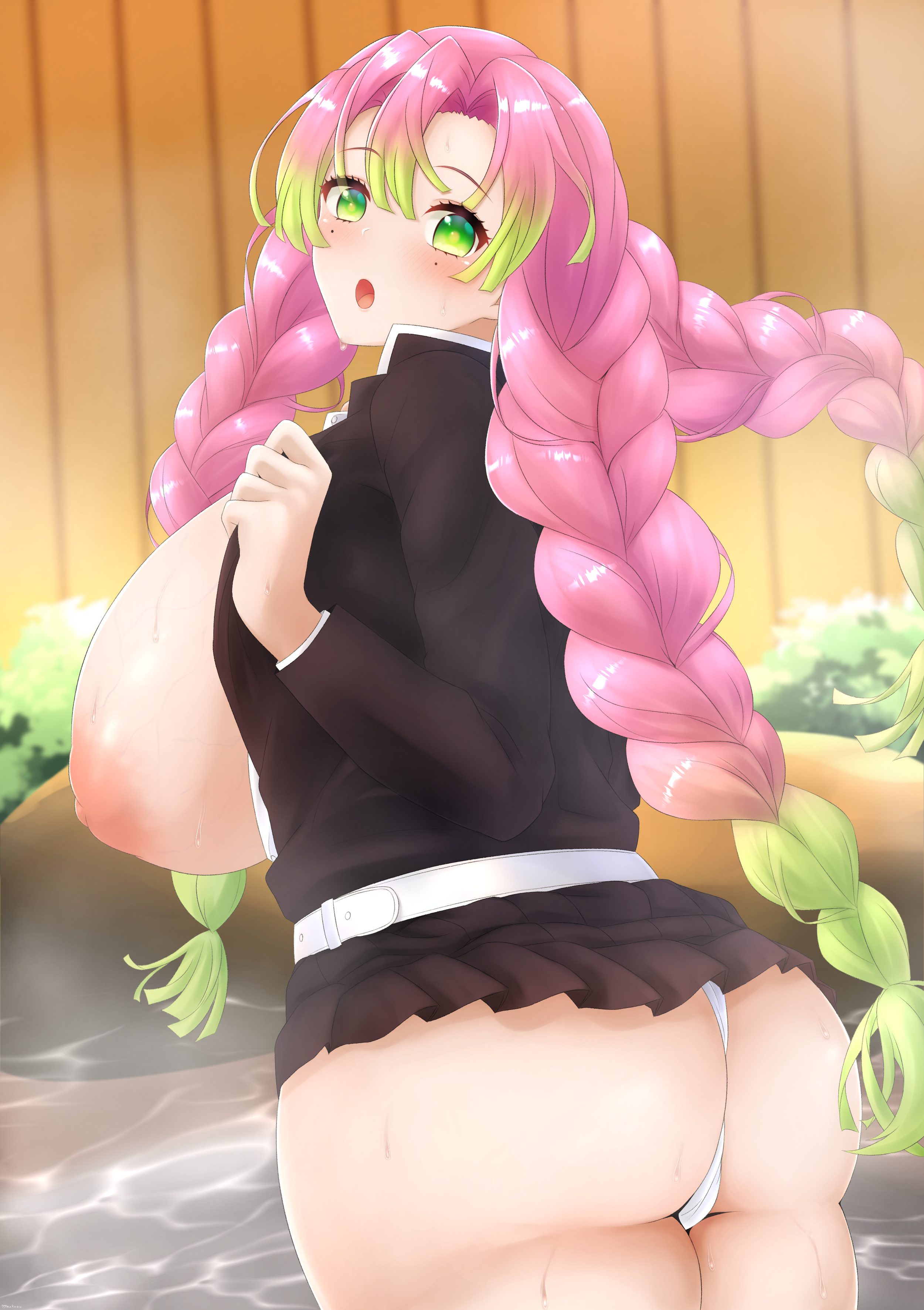 1girls, areolae, ass, big ass, big breasts, blush, breasts, demon slayer, eye contact, female, green eyes, huge ass, huge breasts, kanroji mitsuri, kimetsu no yaiba, long hair, looking at viewer, mhaknow, nipples, pink and green hair, pink hair, pink-haired female, solo, standing, thick thighs, twin braids, two-tone hair