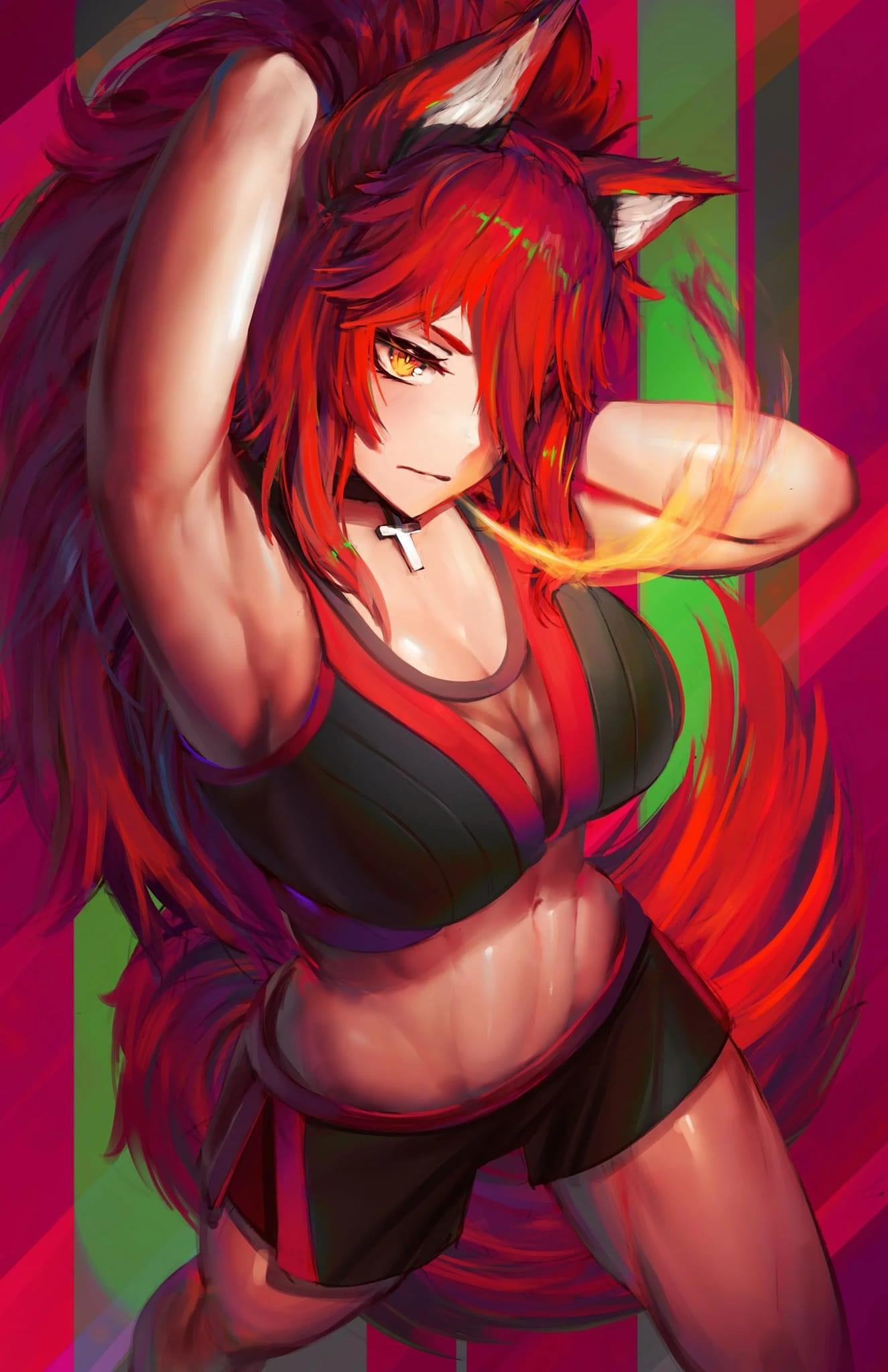 abs alternative_costume armpits breathing_fire choker cleavage exercise_clothing female female_only fox_ears fox_tail kitsune muscular_female numanoan red_hair solo sports_bra sports_shorts sportswear virtual_youtuber vshojo workout_clothes zentreya