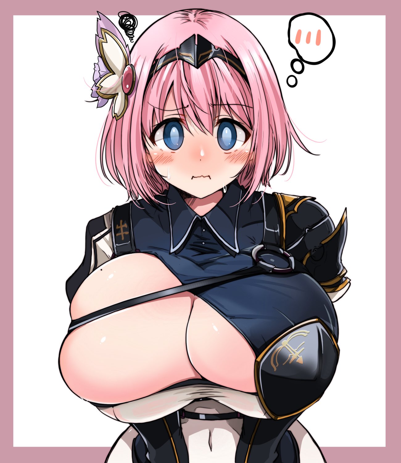 1girls, 2020, armor, big breasts, blue eyes, blush, breasts, cleavage, cosplay, female, female focus, hololive, hololive fantasy, hololive japan, huge breasts, kurocaze, large breasts, looking at viewer, pink hair, princess connect!, shirogane noel, short hair, solo, solo female, solo focus, thought bubble, upper body, virtual youtuber, yui (princess connect!)