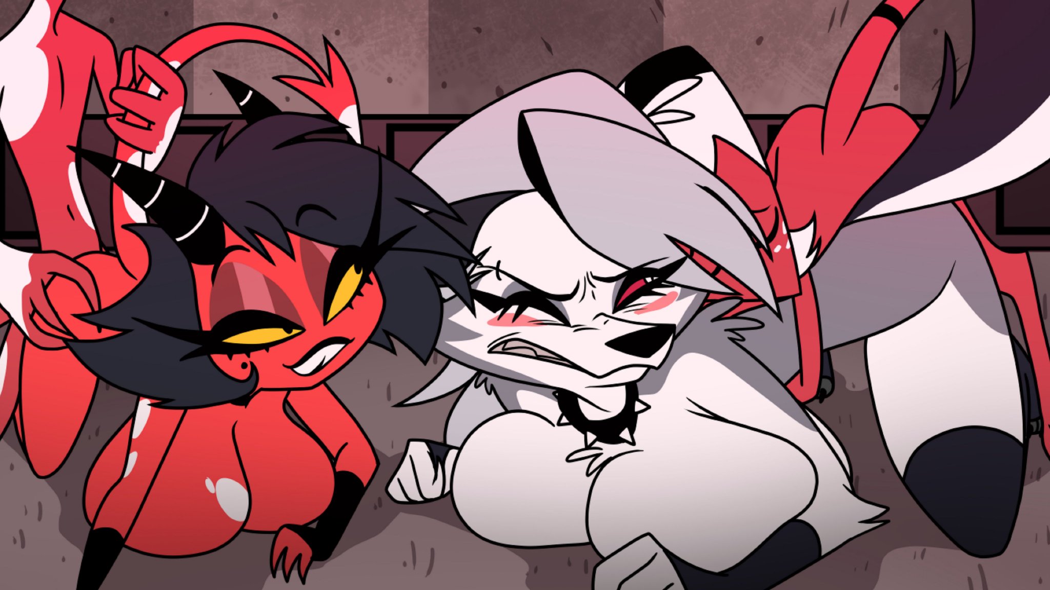 2boys, 2girls, accurate art style, big breasts, blitzo (helluva boss), breasts, doggy style, drpizzaboi1, female, foursome, hellhound, helluva boss, horns, husband and wife, imp, loona (helluva boss), male, millie (helluva boss), moxxie (helluva boss), nude, office, red eyes, red skin, sex, swapping partners, swingers, yellow eyes