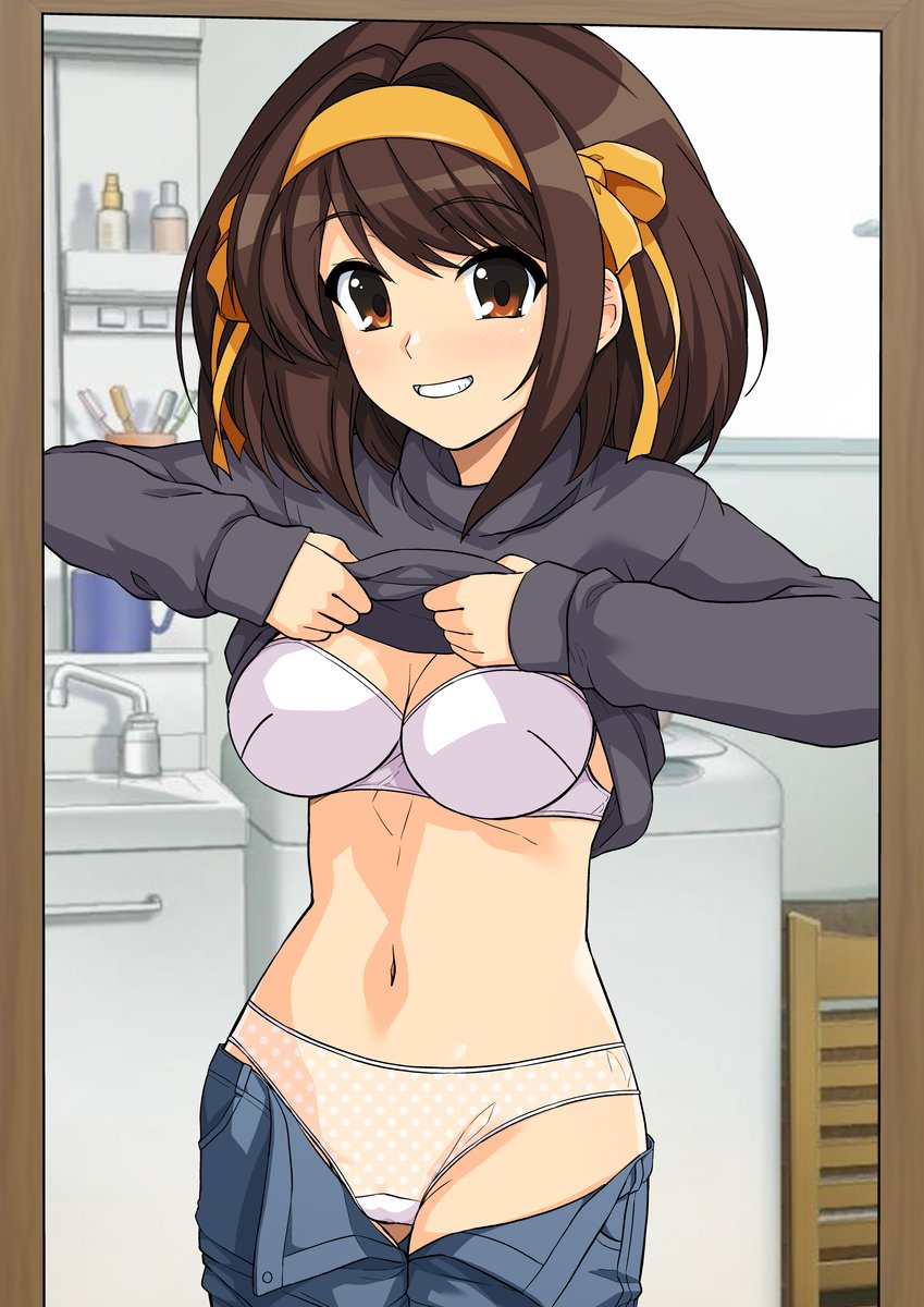 1girls, bangs, bra, breasts, brown eyes, brown hair, clothing, female, hair ribbon, haruhisky, light skin, medium hair, panties, presenting, shirt, shirt lift, small breasts, smile, solo, straight hair, suzumiya haruhi, suzumiya haruhi no yuuutsu, sweater, sweater lift, tagme, undressing, white skin
