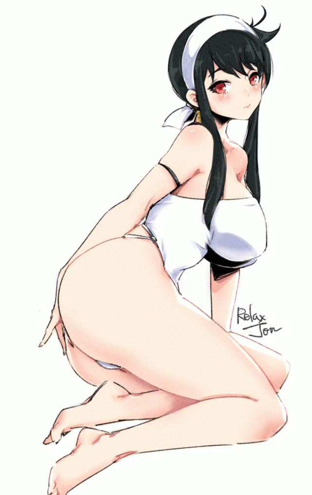 2022 alternate_costume arm_strap artist_name bare_legs barefoot black_hair blush breasts closed_mouth cloverworks commentary cowlick female full_body hairband hand_on_own_ass large_breasts legs leotard looking_at_viewer red_eyes relaxjon shounen_jump shounen_jump+ sidelocks signature simple_background sitting smile solo spy_x_family strapless strapless_leotard thighs thong_leotard white_background white_hairband white_leotard wit_studio yor_briar