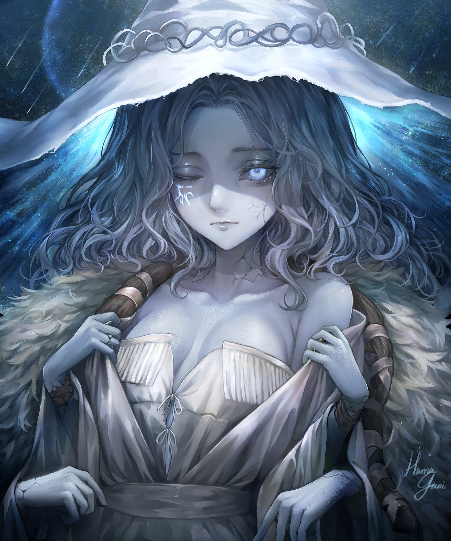 1girls, 2022, 4 arms, blue body, blue eyes, blue hair, blue skin, breasts, cleavage, clothes lift, cracked skin, doll, doll joints, elden ring, female, female only, fromsoftware, fur cape, hamaguri (hama guri), looking at viewer, multi arm, multi limb, one eye closed, ranni the witch, solo, undressing, witch, witch hat