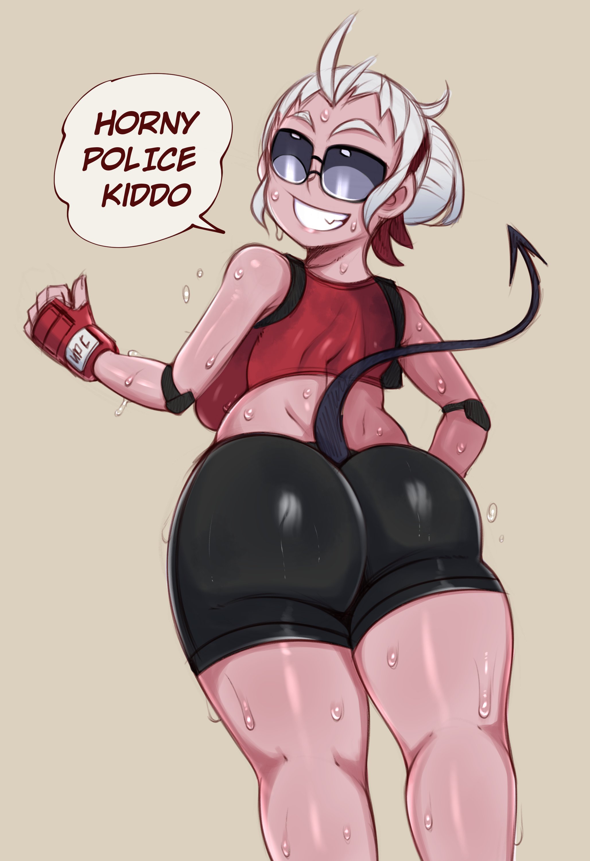 1girls, ass, back view, big ass, big butt, demon, demon girl, demon tail, fat ass, female, female only, helltaker, justice (helltaker), large ass, looking back, police, saltyxodium, solo, solo female, sportswear, sunglasses, sweat, tail, thick, thick ass, thick thighs, tinted eyewear, tomboy, voluptuous