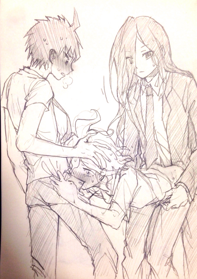 3boys, clothed, clothed sex, clothing, cross neko, danganronpa, danganronpa 3, doggy style, fellatio, gay, hand on head, hinata hajime, izuru kamukura, male, male only, mmm threesome, nagito komaeda, oral, pencil (artwork), spitroast, straight hair, threesome, yaoi