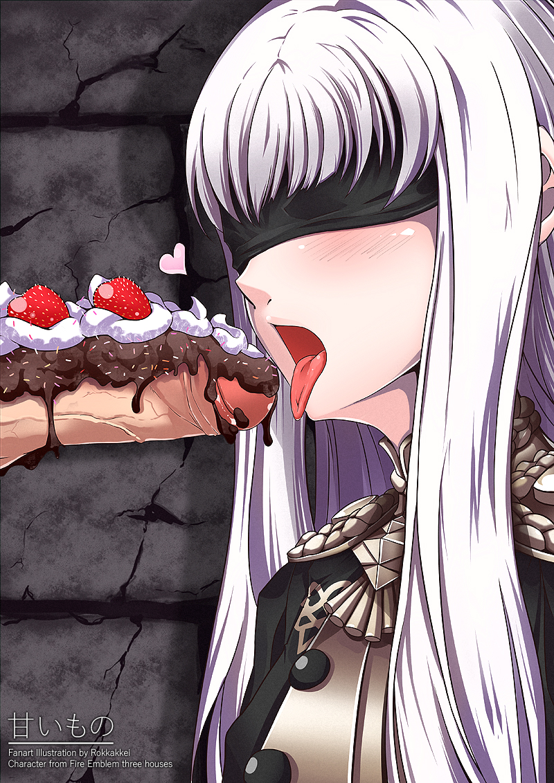 1boy 1girls blindfold bondage chocolate chocolate_on_penis fellatio female female_focus femsub fire_emblem fire_emblem:_three_houses food food_penetration food_play garreg_mach_monastery_uniform heart long_hair lysithea_von_ordelia male maledom nintendo open_mouth oral rokkakkei strawberry taste_test_challenge thinking_penis_is_food tongue_out tricked_into_blowjob tricked_while_blindfolded upper_body white_hair