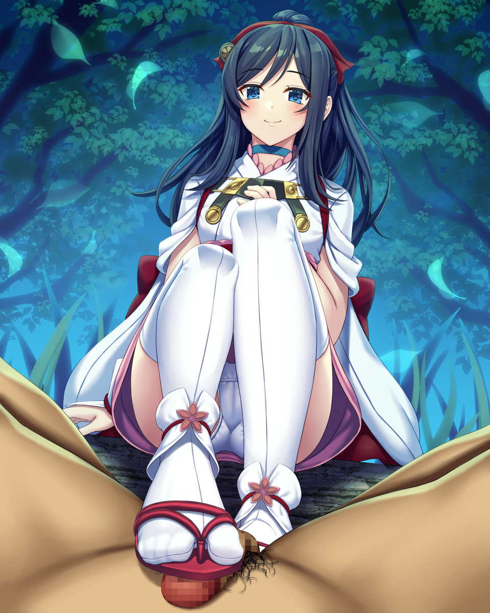 asisuki black_hair blue_eyes clothed_female_nude_male japanese_clothes legs panties ribbon sandals shoejob stepped_on stepping_on_penis stockings tabi tabi_socks thighs uniform