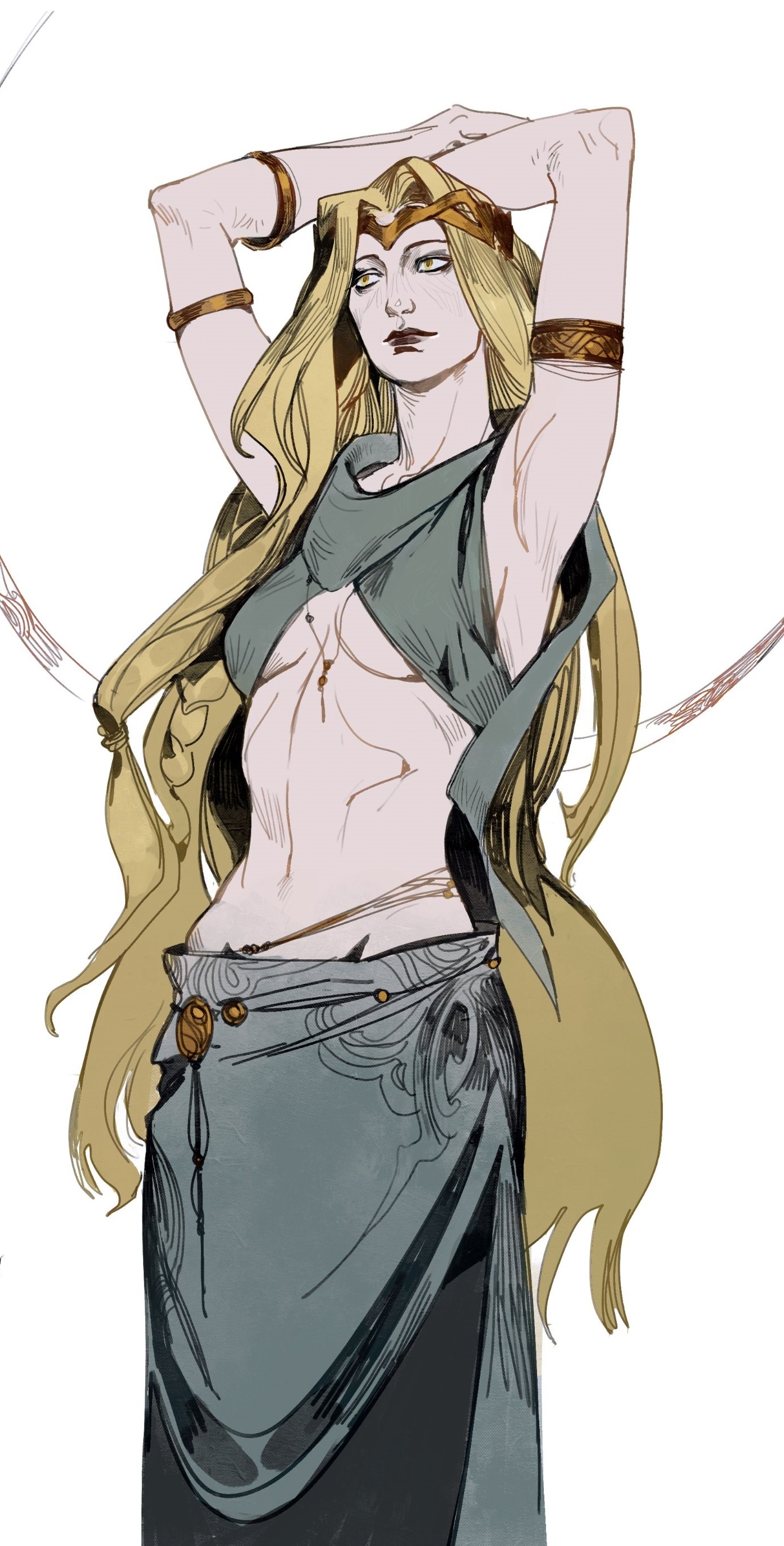 armbands, armlet, armpits, arms, arms up, artist request, blonde hair, breasts, circlet, elden ring, female, female only, fromsoftware, goddess, gold (metal), gold jewelry, queen marika the eternal, solo