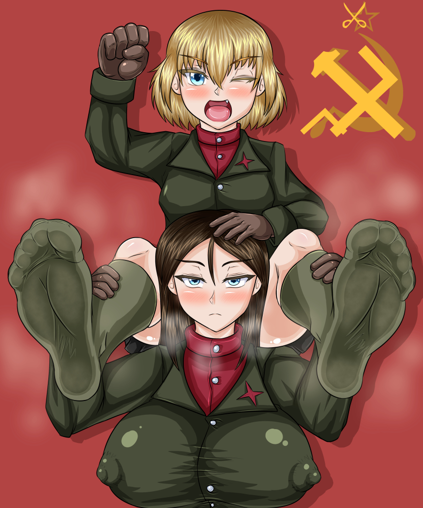 black_hair blonde_hair blue_eyes blush flat_chest girls_und_panzer katyusha large_breasts nonna_(girls_und_panzer) russian smell smelly_feet socks