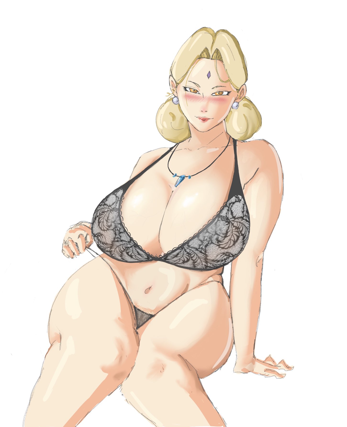 alternate hairstyle, arm support, black bra, black panties, blonde hair, blush, bra, breasts, brown eyes, cleavage, earrings, facial mark, female, forehead mark, jewelry, lace, lace trim, lace-trimmed bra, lace-trimmed panties, looking at viewer, mature, mature female, naruto, naruto (series), naruto shippuden, panarandom, panties, picot trim, picot trim bra, sitting, solo, tsunade, underwear