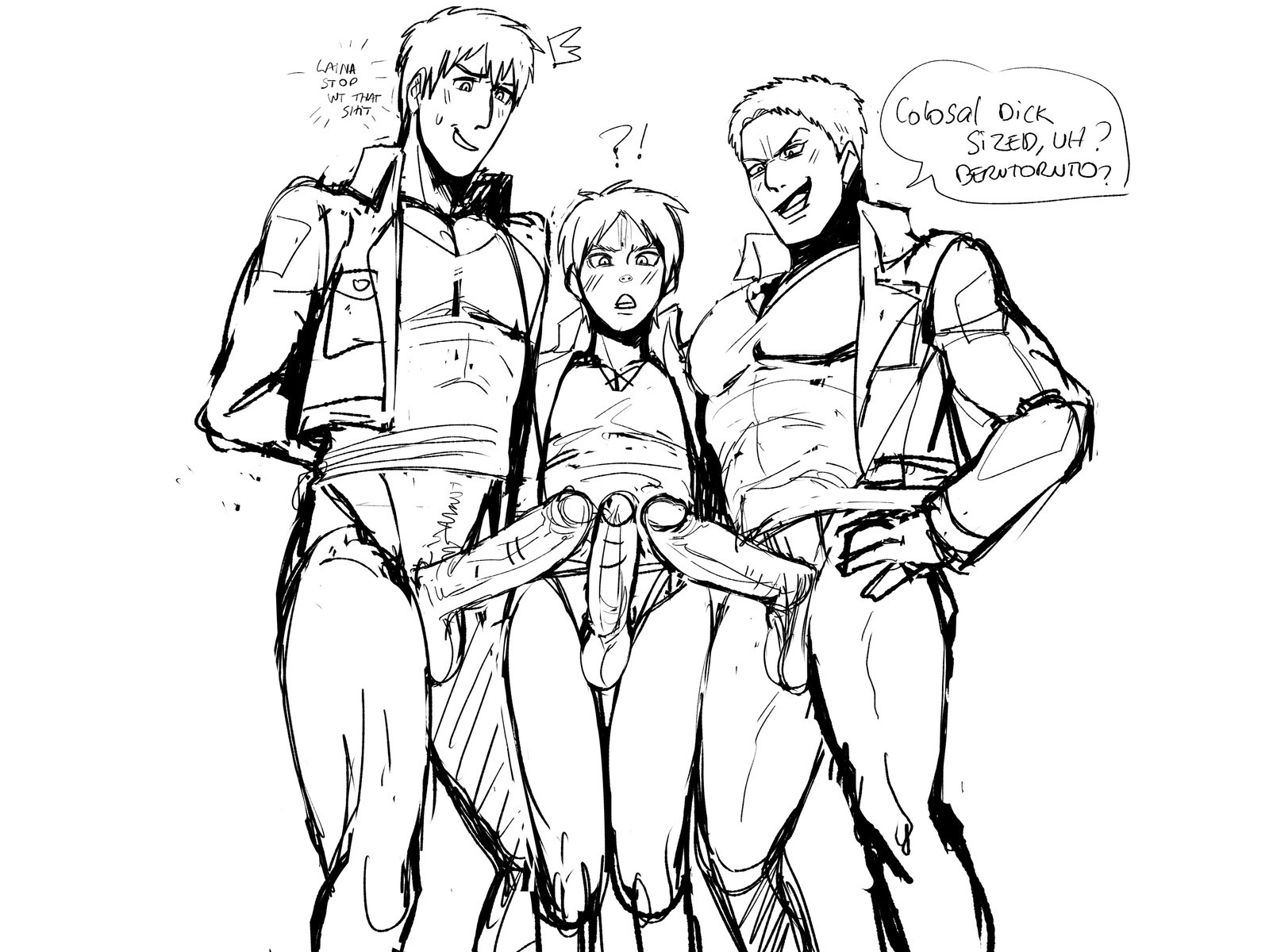 attack on titan, balls, bertolt hoover, blush, blush lines, burankoprn, eren jaeger, foreskin, gay, male, male only, monochrome, muscles, muscular, muscular male, penis, penis size difference, pubes, pubic hair, reiner braun, sketch, uncircumcised, uncut, yaoi