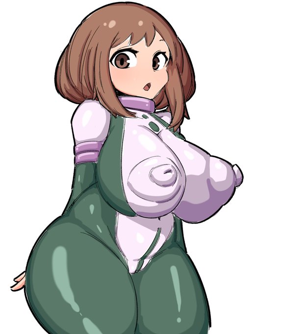 alternate breast size, big breasts, big nipples, bodysuit, breasts, brown eyes, brown hair, curvy figure, curvy hips, erect nipples under clothes, female, impossible fit, large breasts, looking at viewer, my hero academia, nipples visible through clothing, ochako uraraka, open mouth, skin tight, solo, thick thighs, woohyoot
