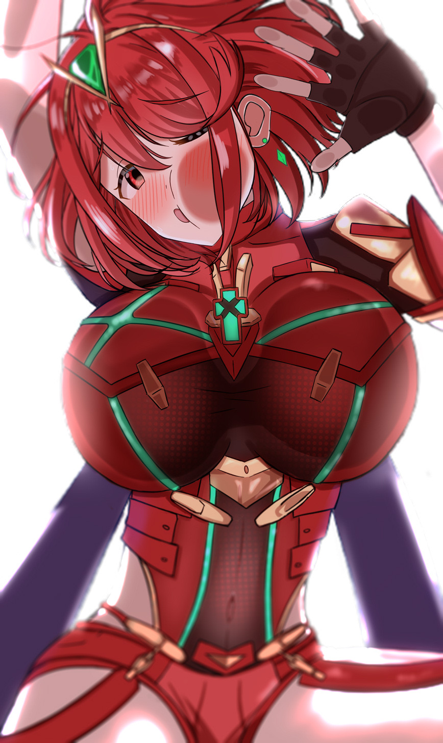 1girls, against glass, big breasts, breasts, female, female only, fully clothed, moruhuross, pyra, red eyes, red hair, solo, xenoblade chronicles 2