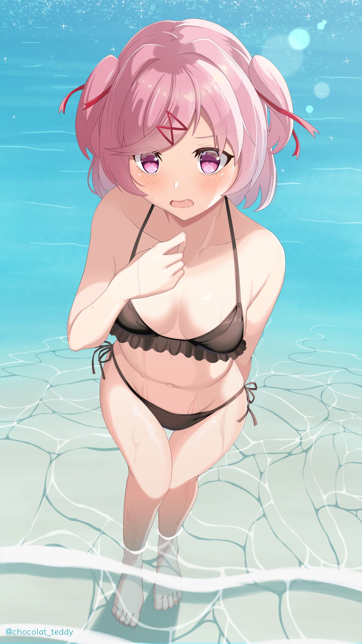 arms bare_arms bare_legs bare_shoulders bare_stomach barefoot beach belly belly_button bent_knees bent_legs bikini black_bikini blush blush_lines blushing_at_viewer chocolat_teddy collarbone detailed_background doki_doki_literature_club dripping dripping_wet female female_focus female_only frilled frilled_bikini frills frilly frilly_bra furrowed_brow hair_ribbon hand_behind_back hand_on_breast knees knees_together_feet_apart legs light_blush looking_at_viewer natsuki_(doki_doki_literature_club) ocean oerba_yun_fang open_mouth pelvic_line petite petite_body pink_eyes pink_hair pointing_at_self questioning questioning_look red_ribbon ribbon shorter_female shoulder_length_hair shoulders slim slim_waist small_breasts soft_breasts standing stomach string_bikini string_bra string_panties swimming swimsuit swimwear thigh_gap thighs tied_hair waist walking walking_towards_viewer water wave wet wide_hips