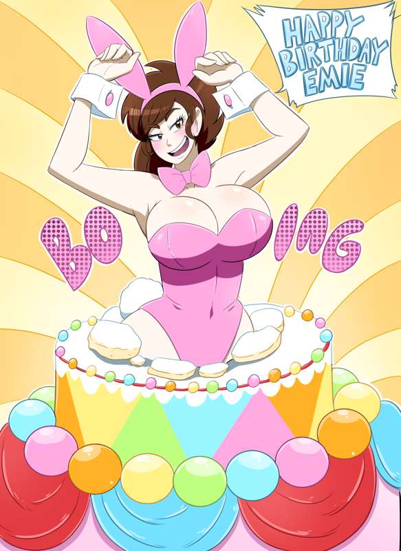 1girls birthday birthday_cake bow brown_eyes brown_hair bunny_ears bunnysuit female female_only hi_res kobi-tfs kobi94 kobi_(kobi) large_breasts original ponytail solo text wide_hips