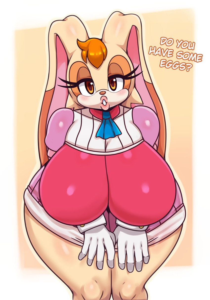 ?, alternate breast size, anthro, big breasts, blush, breasts, clothing, english text, female, gloves, handwear, hi res, huge breasts, lagomorph, leporid, lips, lipstick, looking at viewer, mammal, matospectoru, mature female, rabbit, sega, solo, sonic (series), sonic the hedgehog (series), talking to viewer, thick thighs, vanilla the rabbit, wide hips