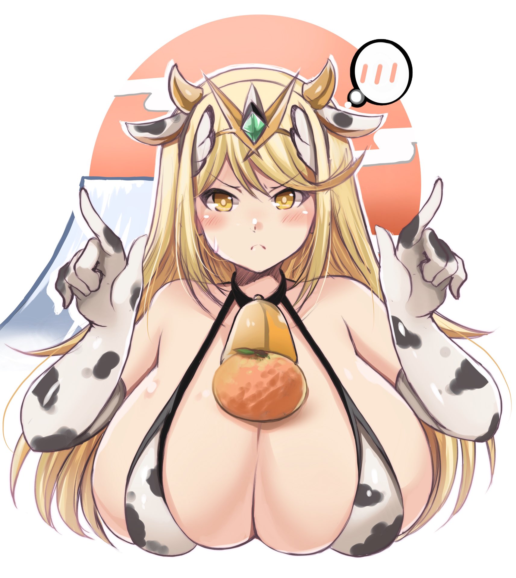 1girls, 2020, alternate breast size, big breasts, blonde hair, breasts, cleavage, cow ears, cow horns, cow print, cow print armwear, cow print bikini, cowbell, female, female focus, horns, huge breasts, kurocaze, large breasts, long hair, mythra, nintendo, solo, solo female, solo focus, thought bubble, upper body, xenoblade (series), xenoblade chronicles 2, yellow eyes