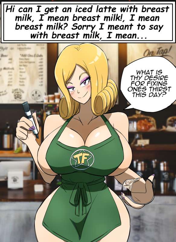 almost_naked barista blonde_hair breasts cleavage elena_(kobi) english_text eyeshadow hi_res huge_breasts kobi-tfs kobi94 naked_apron original purple_eyes royalty sideboob text wide_hips