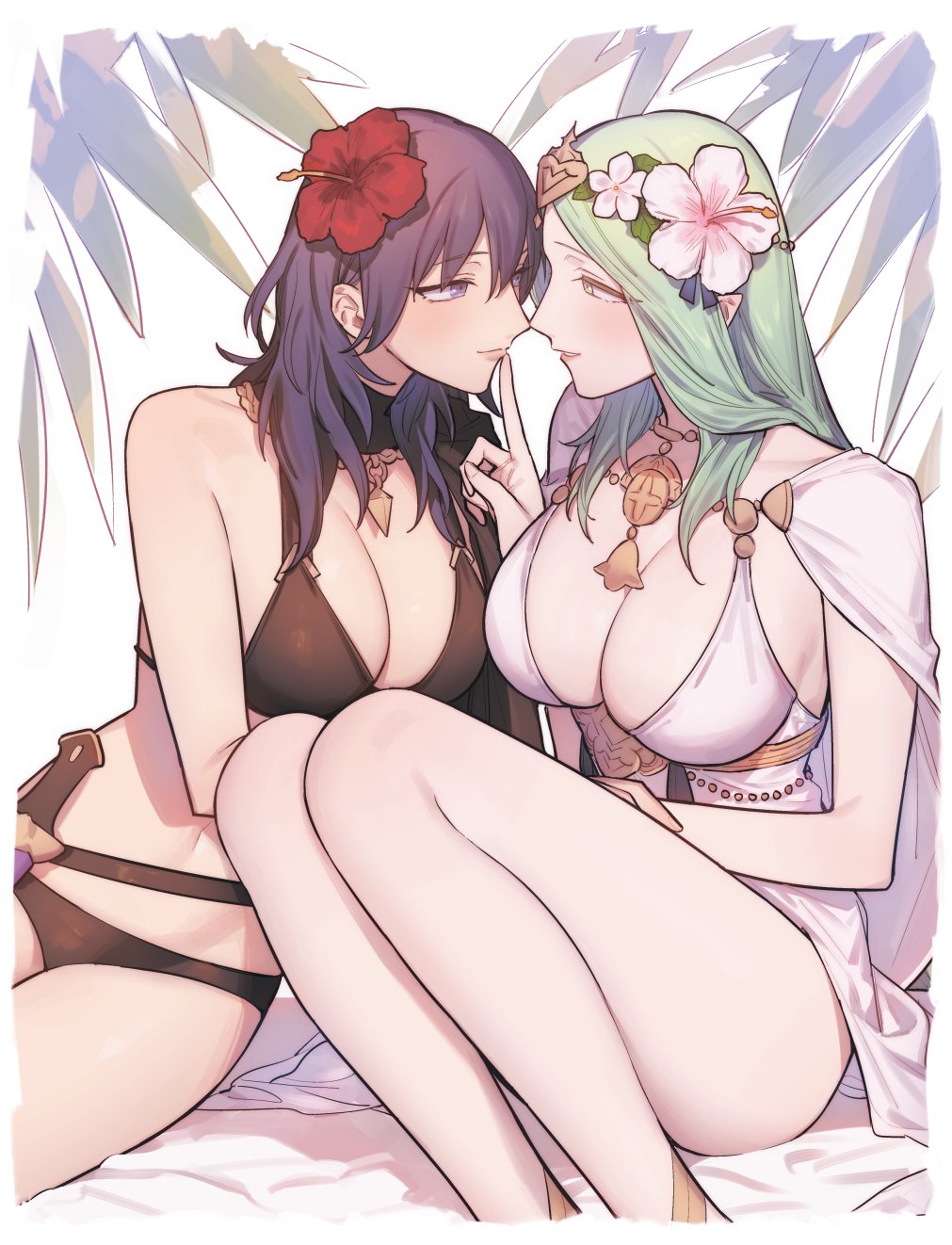 2girls alternate_costume bangs bikini black_bikini black_swimsuit blush breasts byleth_(fire_emblem) byleth_(fire_emblem)_(female) cape cleavage closed_mouth commentary_request eye_contact female female_only finger_to_another's_mouth fire_emblem fire_emblem:_three_houses fire_emblem_heroes flower green_eyes green_hair hair_between_eyes hair_flower hair_ornament head_wreath hibiscus highres ikarin index_finger_raised jewelry large_breasts long_hair looking_at_another multiple_girls necklace official_alternate_costume one-piece_swimsuit parted_lips pointy_ears purple_eyes purple_hair red_flower rhea_(fire_emblem) rhea_(summer)_(fire_emblem) simple_background swimsuit teal_hair white_bikini white_cape white_flower white_swimsuit yuri