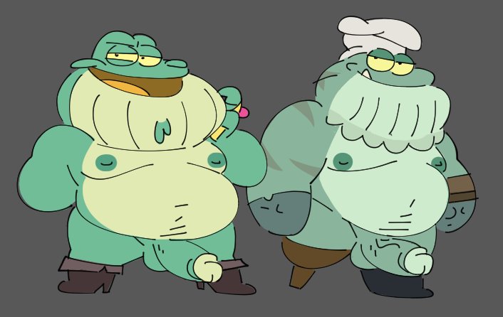 2022 amphibia amphibia_(series) amphibian anthro belly big_belly chef_hat clothing disney duo frog green_body hat headgear headwear male male_only mayor_toadstool moobs nipples overweight overweight_male posduroo simple_background smooth_skin stumpy_stumpson