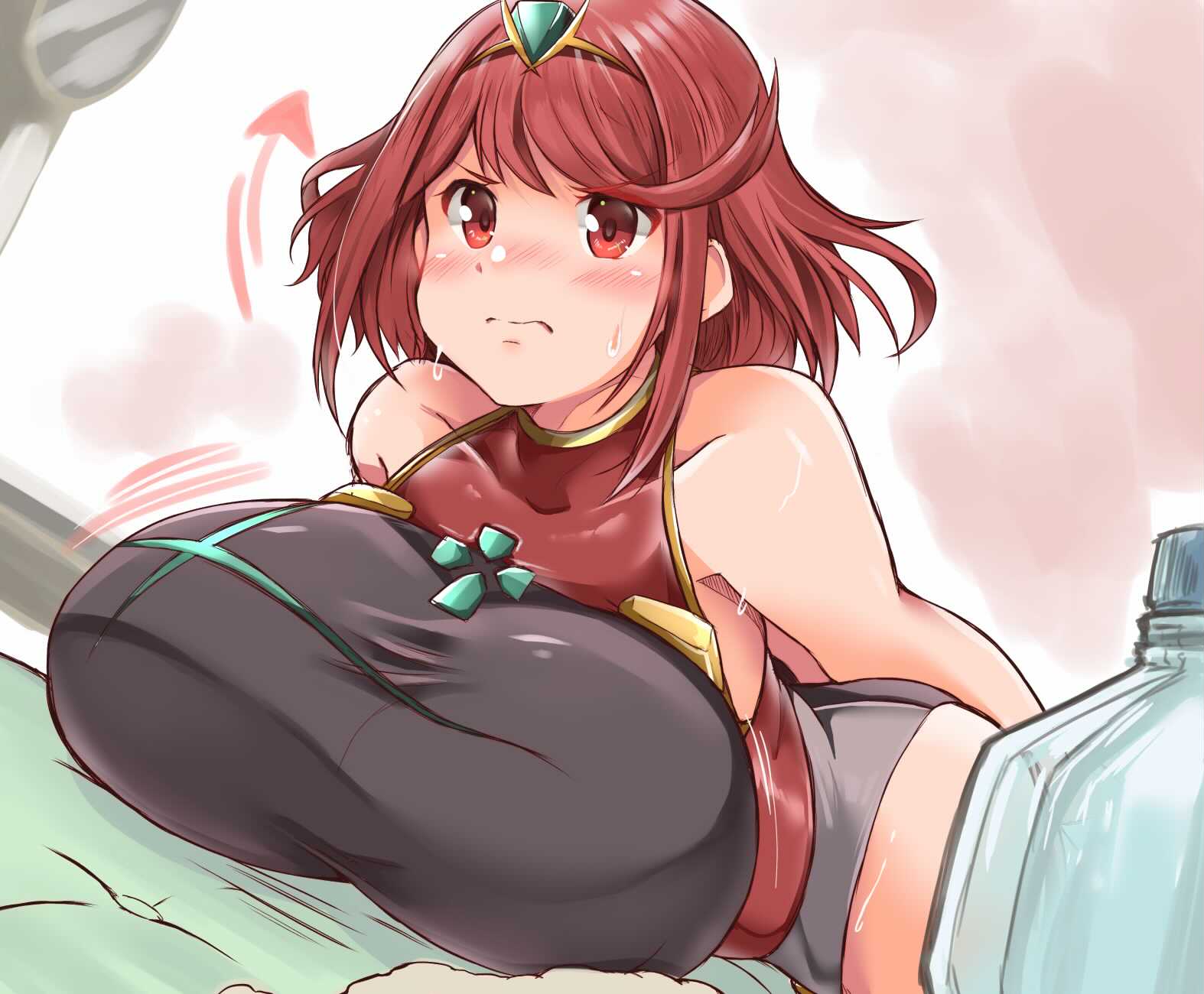 1girls, 2021, big breasts, breasts, exercise, female, female focus, huge breasts, kurocaze, large breasts, laying on stomach, matching hair/eyes, nintendo, pyra, red eyes, red hair, short hair, solo, solo female, solo focus, sweat, sweating, top heavy, xenoblade (series), xenoblade chronicles 2