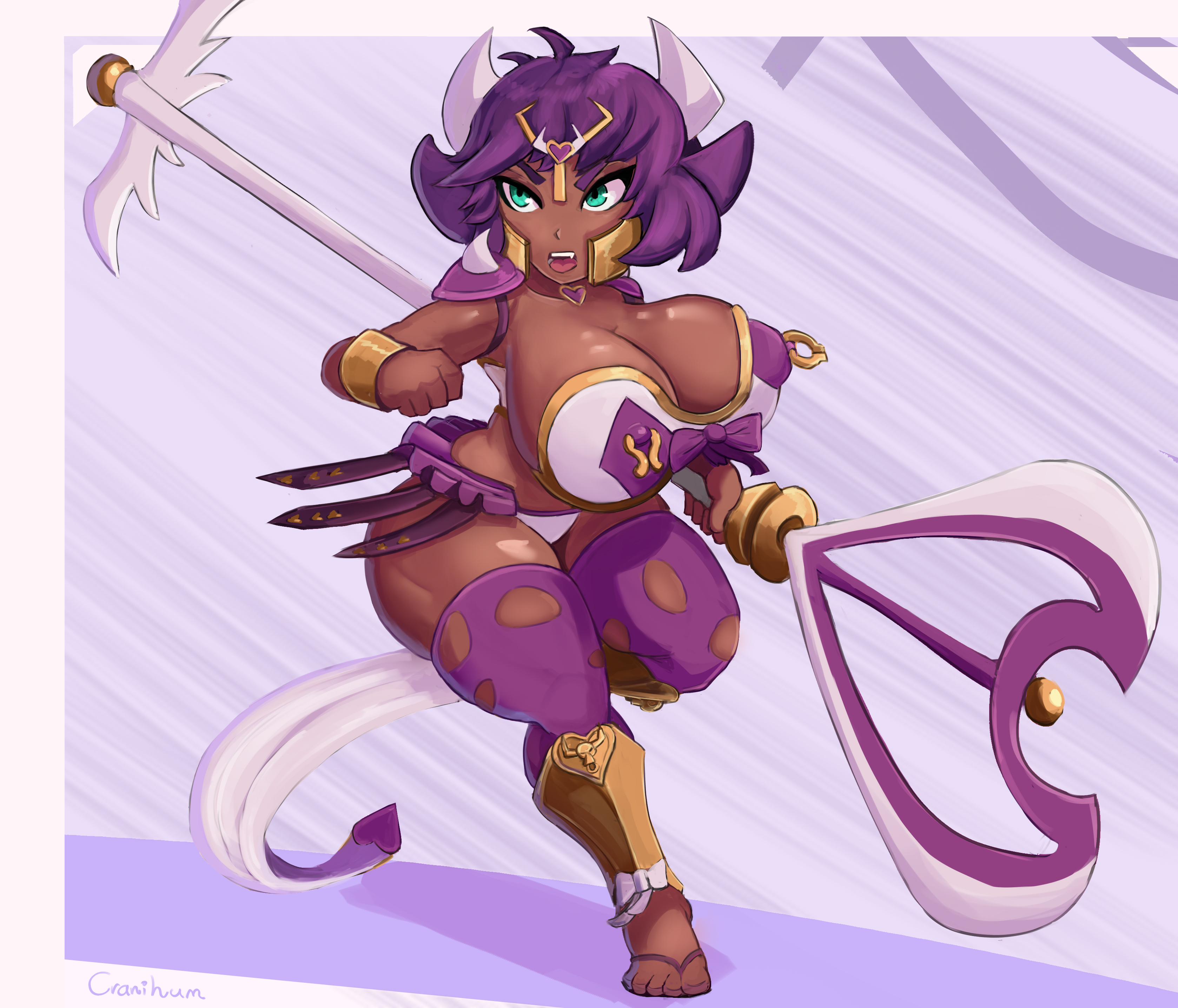 1girls, action pose, armor, axe, big breasts, bovine, breasts, brown skin, cow girl, cranihum, female, greaves, green eyes, heart, horn, leggings, loincloth, minotaur, minotaur female, nipple piercing, nipples, original, piercing, purple hair, sandals, short stack, shortstack, swinging breasts, vechy (hazardburn)