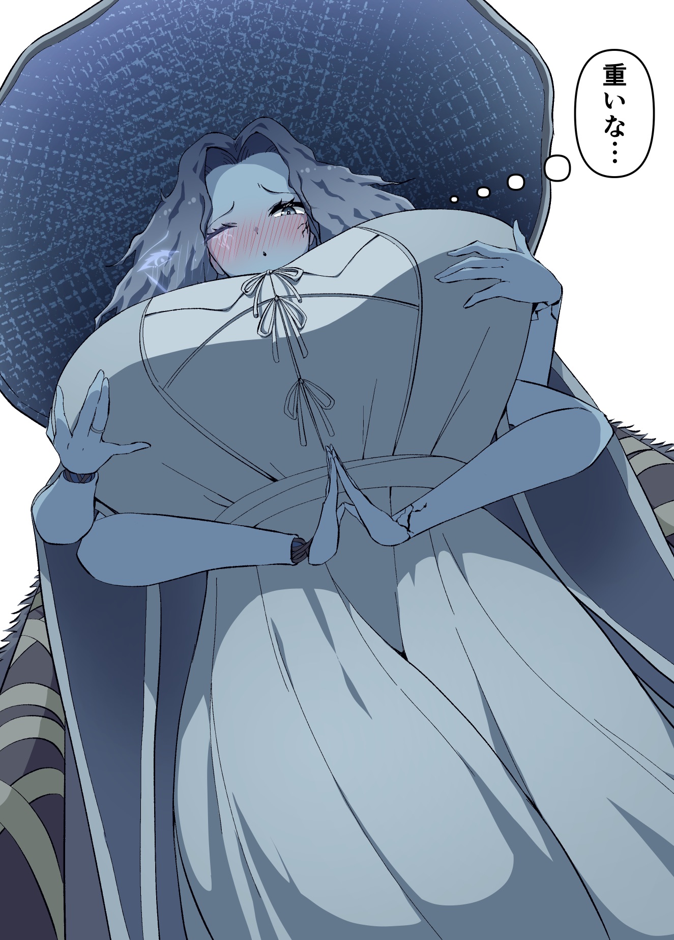 big breasts, blue eyes, blue hair, blue skin, blush, breasts, cracked skin, doll joints, elden ring, enormous breasts, female, female only, fromsoftware, fully clothed, huge breasts, japanese text, looking at viewer, looking down, low-angle view, makino2021, multi arm, multi limb, one eye closed, ranni the witch, solo, thought bubble, wedding ring, witch hat