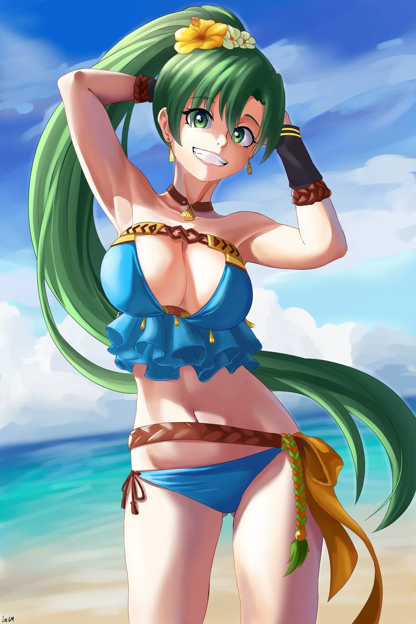 alternate_costume bikini blue_bikini blue_swimsuit breasts female female_only fire_emblem fire_emblem:_the_blazing_blade fire_emblem_heroes gm_laz lyn_(fire_emblem) lyn_(summer)_(fire_emblem) lyndis_(fire_emblem) nintendo official_alternate_costume outdoors solo swimsuit