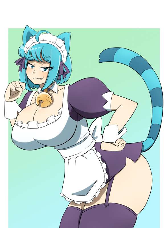 :3 bell_collar bimbo bimbofication blue_eyes brainwashing catgirl emie_(kobi) hi_res huge_ass kobi-tfs kobi94 large_breasts light_blue_hair looking_back maid maid_headdress original personality_change smiling_at_viewer tail thick_thighs thighhighs transformation