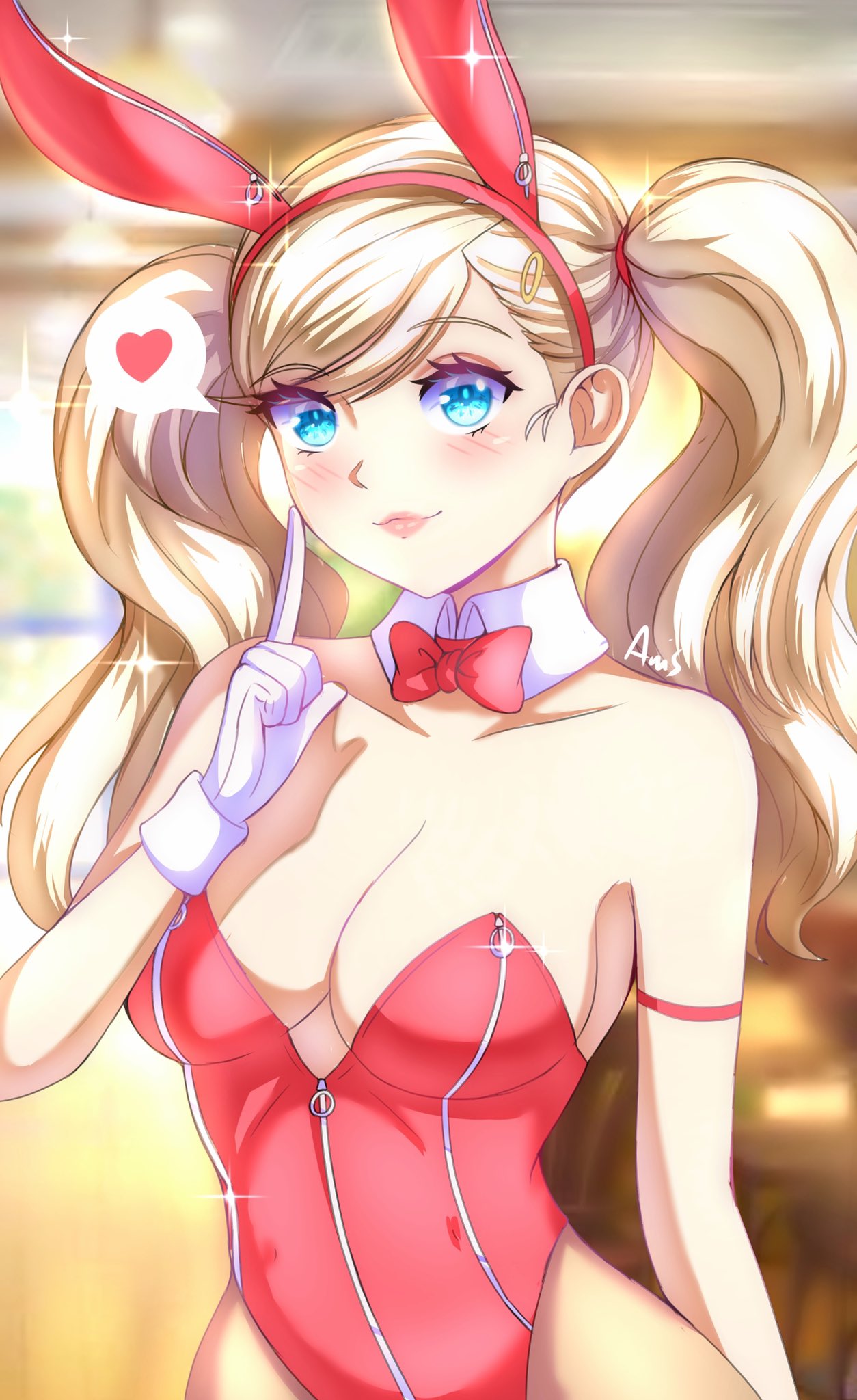 anisdrawn, ann takamaki, atlus, blonde hair, blue eyes, breasts, bunny ears, detached collar, fake animal ears, female, female only, leotard, persona, persona 5, red leotard, solo, tagme, twintails, zipper