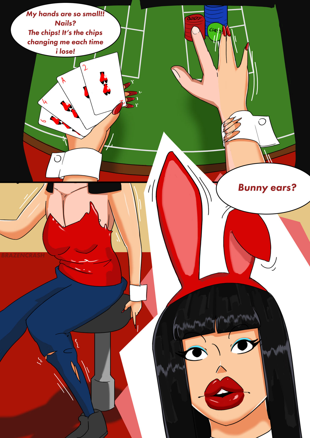 asianification big_lips black_hair brazencrash bunny_ears color english_text feminization gender_transformation long_hair male_to_female mtf_transformation poker poker_chip race_swap red_lipstick red_nails ripped_clothing rule_63 text text_bubble transformation