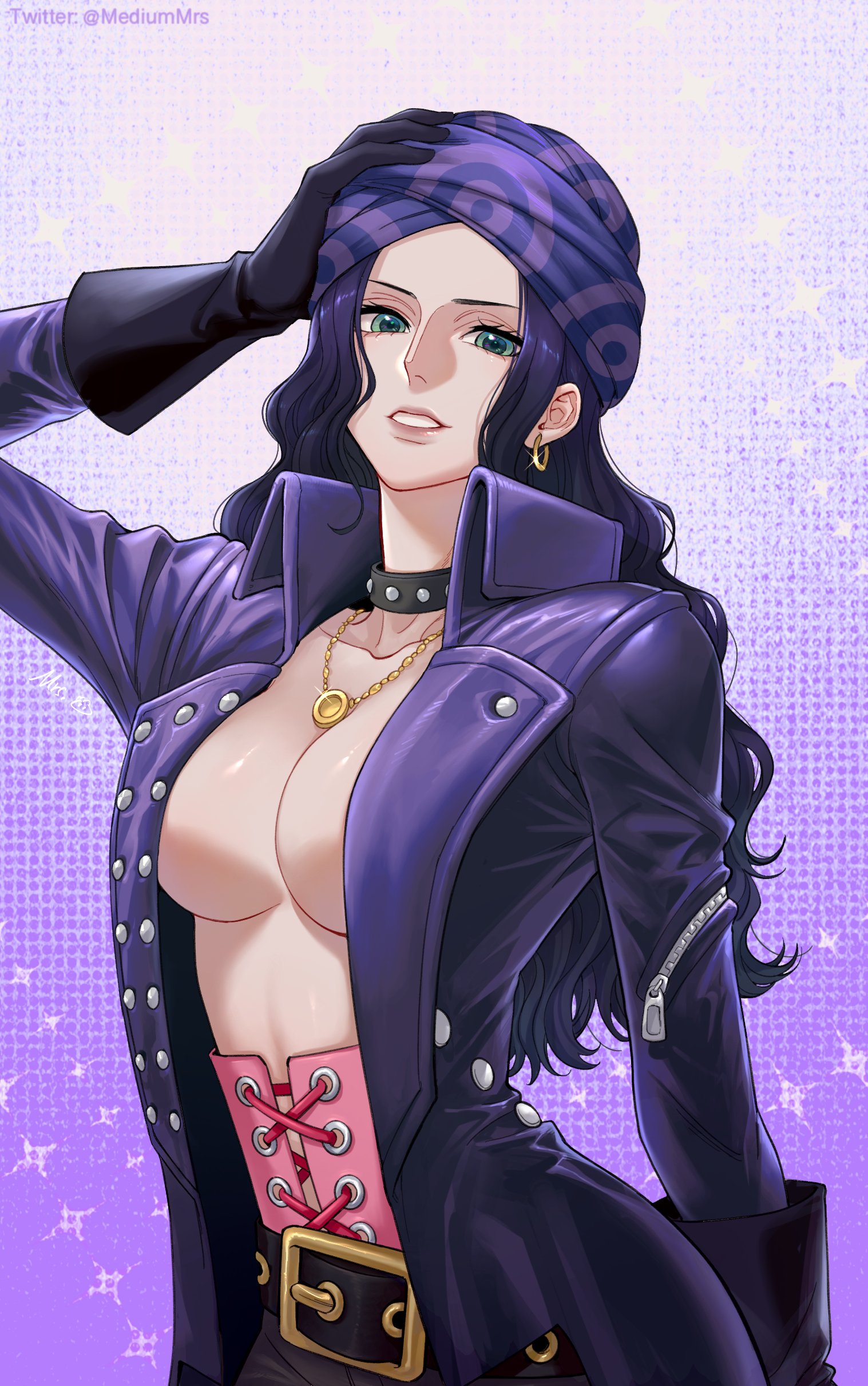 1girls, bandana, belt, belt buckle, big breasts, black hair, black jacket, black-haired female, breasts, busty, choker, cleavage, corset, curvy, earrings, female, female focus, female only, hand on head, jacket, leather, leather jacket, long hair, looking at viewer, mediummrs, necklace, nico robin, no bra, no bra under clothes, one piece, one piece film red, open jacket, posing, post-timeskip, purple background, purple theme, shorts, solo, solo focus, voluptuous, zipper