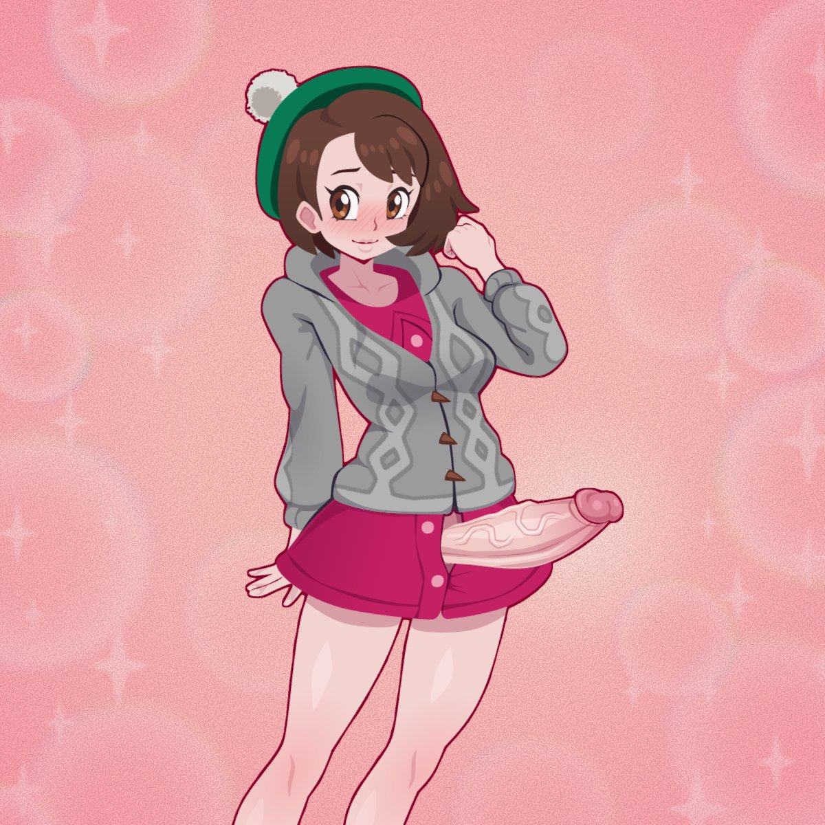 1futa, big breasts, big penis, breasts, brown hair, clothed, clothing, embarrassed, erection, futa only, futanari, gloria (pokemon), hat, human, intersex, jacket, light skin, light-skinned futa, mostly clothed, penis, penis out, pokemon, pokemon ss, purplehorn (artist), short hair, skirt, solo, standing