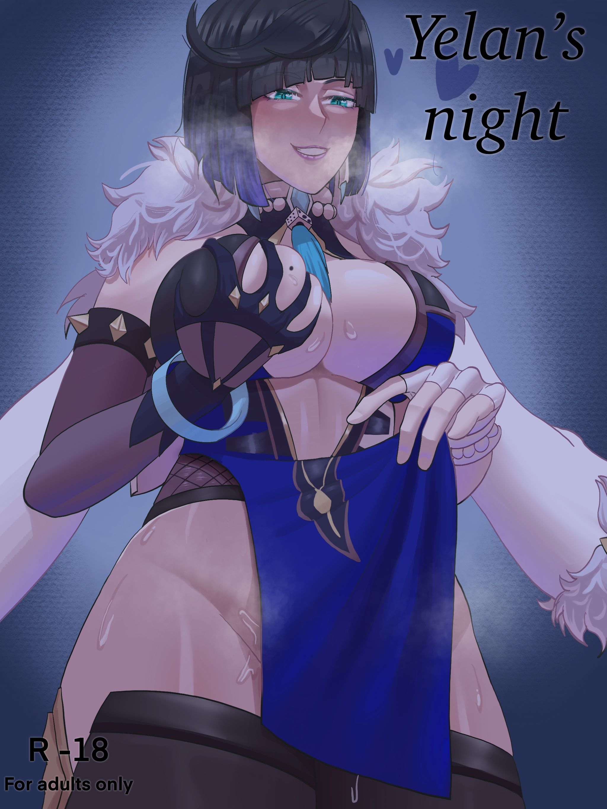1girls, big breasts, black hair, bracelet, breasts, clothing, coat, comic, covered navel, dress, dress lift, female, genshin impact, gloves, green eyes, grope, groping, hiddenfuchsia, horny, human, large breasts, leggings, lifting, lifting clothing, mature, mature female, milf, no panties, redfushsia, simple background, smile, solo, steaming body, sweat, text, yelan (genshin impact)