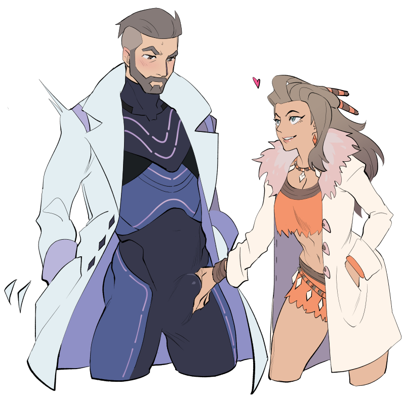1boy, 1girls, blush, bulge, bulge grab, crop top, dilf, erection, female, grabbing penis, heart, kukumomo, male, male focus, penis, pokemon, pokemon sv, professor sada (pokemon), professor turo, sweat