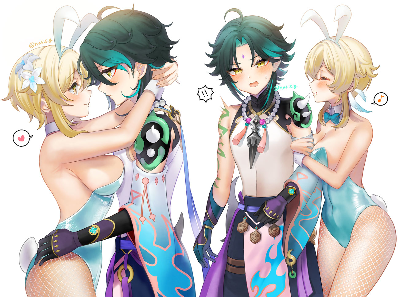 1boy, 1girls, arm tattoo, blush, breasts, bunny ears, bunny girl, bunny tail, bunnysuit, female, fishnet legwear, fishnets, genshin impact, hi res, holding arm, large breasts, leotard, lumine (genshin impact), male, nario, playboy bunny, shy, sideboob, smile, straight, tattoo, xiao (genshin impact)