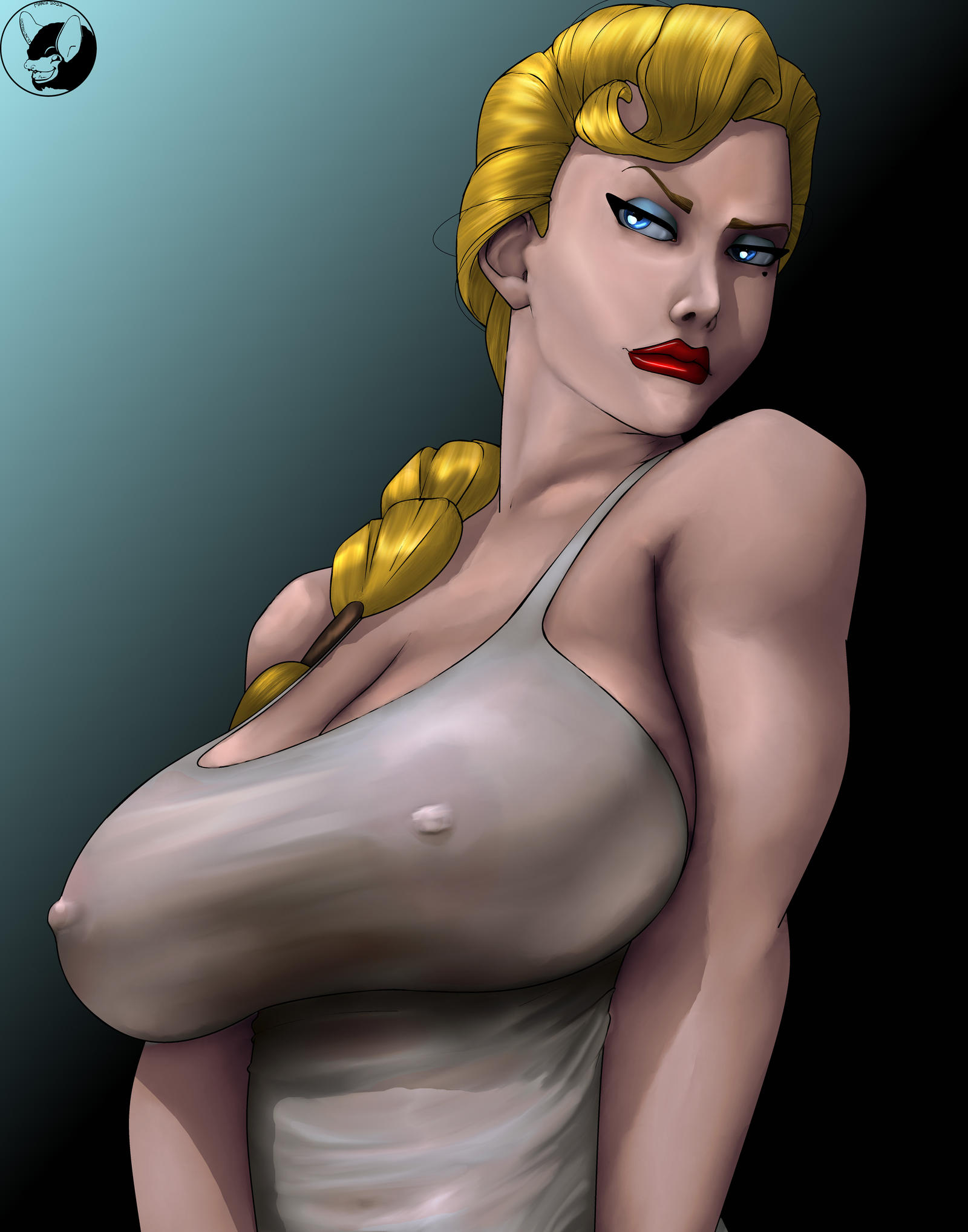 atlantis: the lost empire, bare shoulders, beauty mark, big breasts, blindanubis, blonde female, blonde hair, blue eyes, breasts, busty, cleavage, disney, erect nipples, female, female focus, female only, helga sinclair, hourglass figure, large breasts, lipstick, long hair, makeup, nipple bulge, nipples, pinup, pinup pose, pokies, skin tight, solo, tagme, tank top